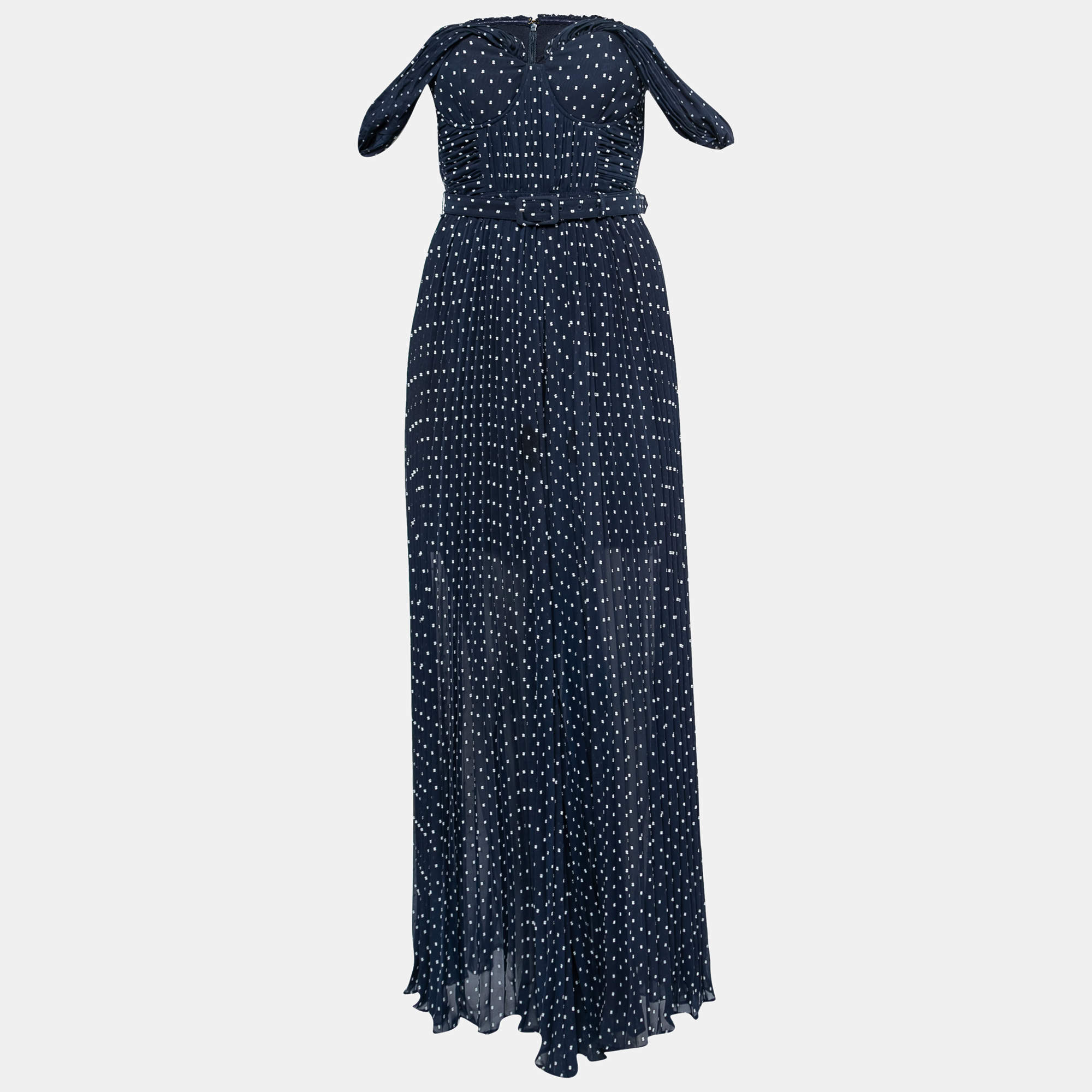 Self-Portrait Blue Dotted Chiffon Off-Shoulder Pleated Jumpsuit S