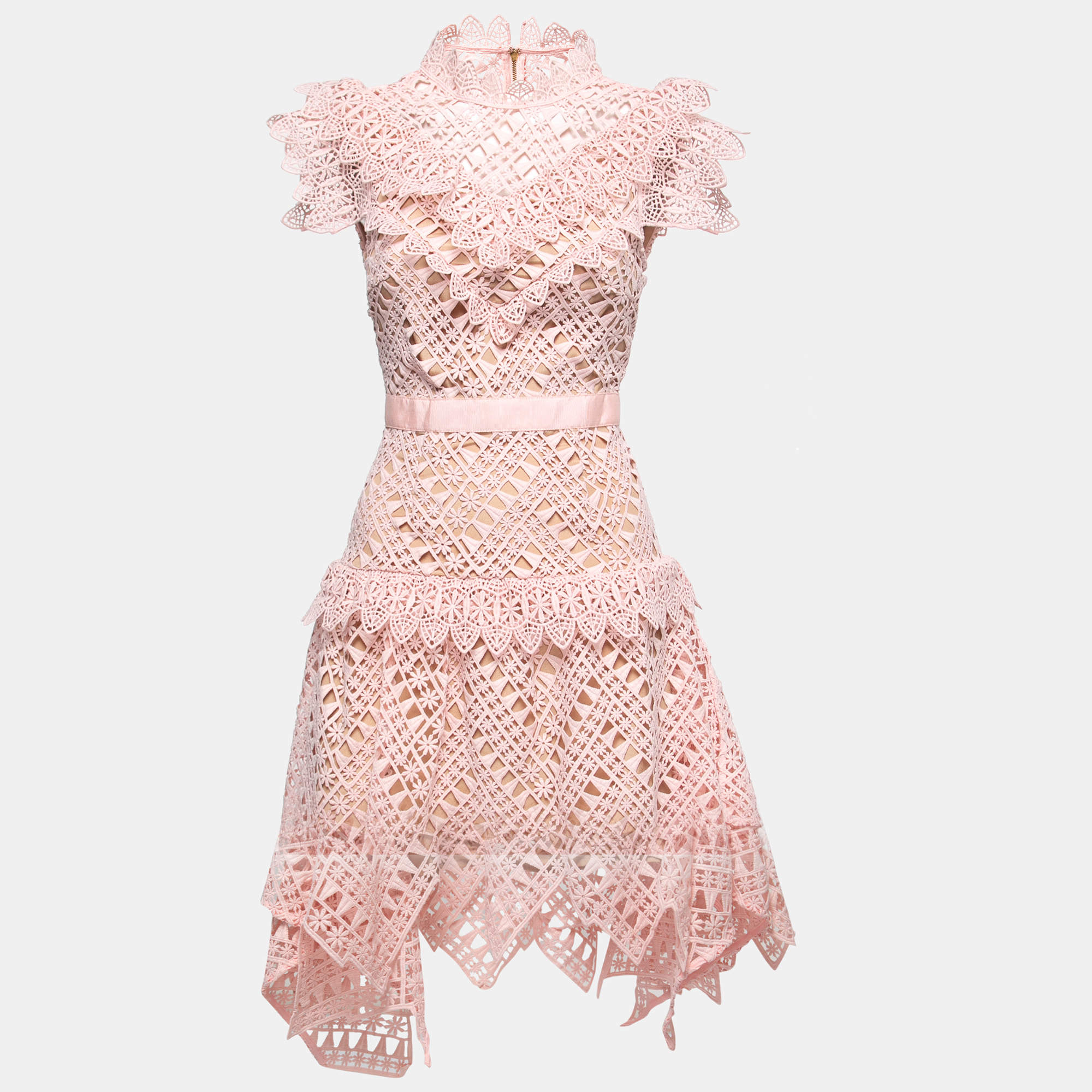 Pre Owned Self-Portrait Pink Guipure Lace Mini Dress S