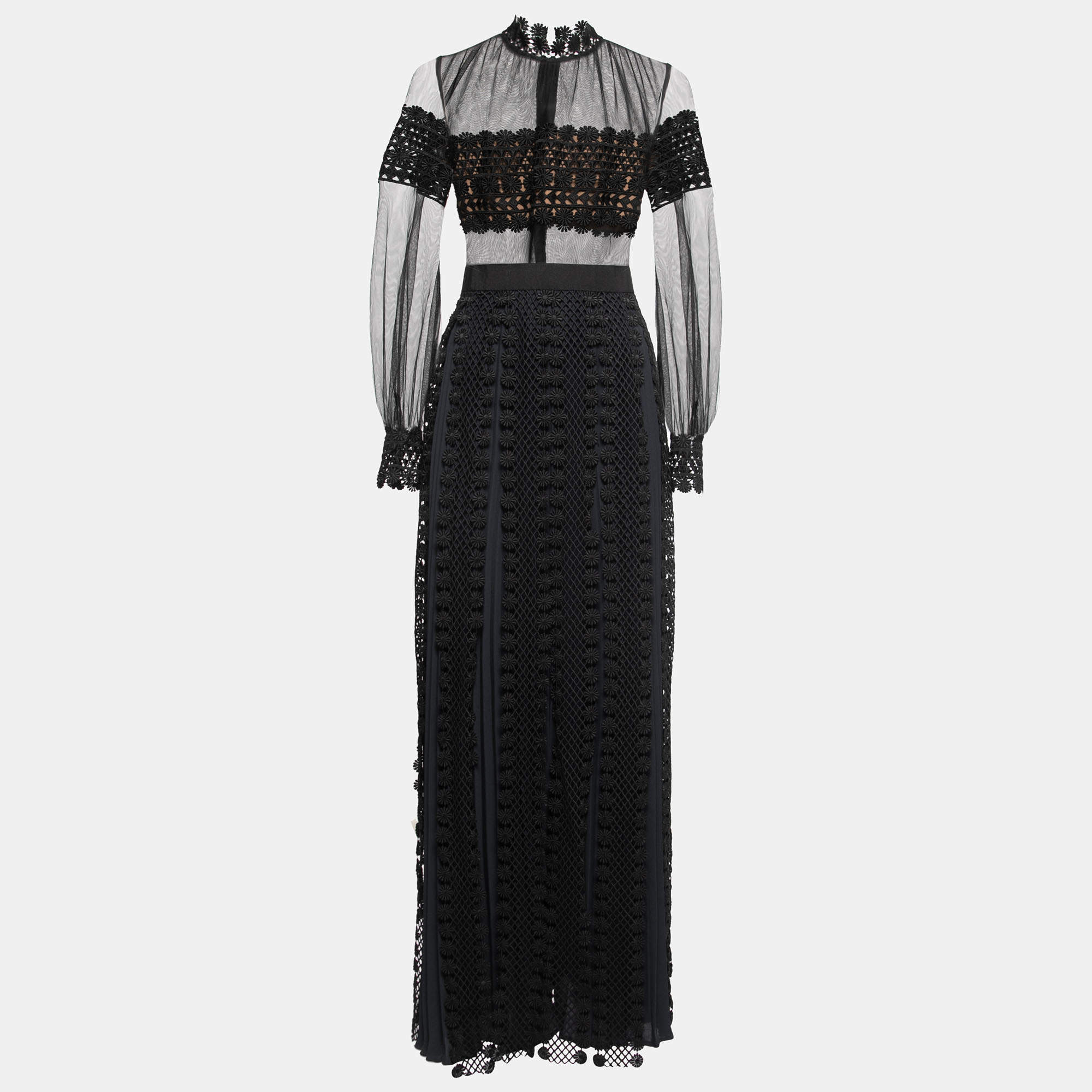 Pre Owned Self-Portrait Navy Blue & Black Lace Overlay Maxi Dress S