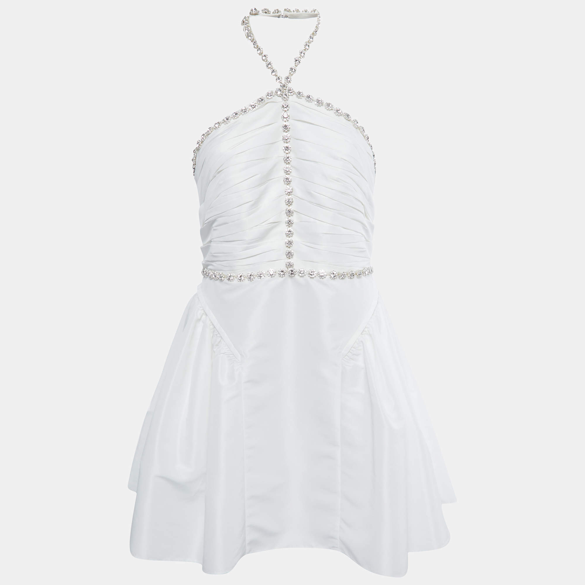 Self-Portrait White Taffeta Rhinestone Embellished Mini Dress M