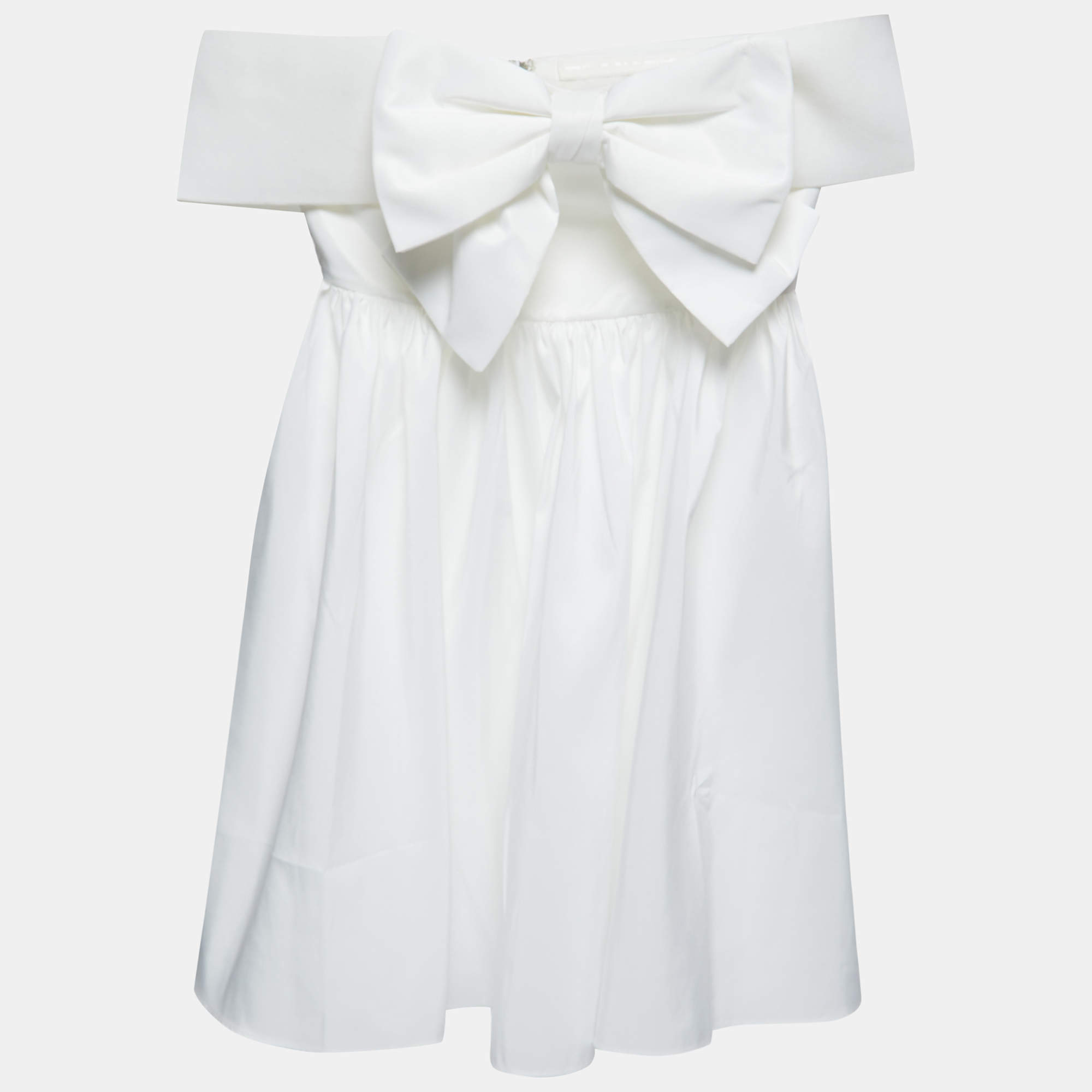 Pre Owned Self-Portrait White Taffeta Bow Detail Off-Shoulder Mini Dress S