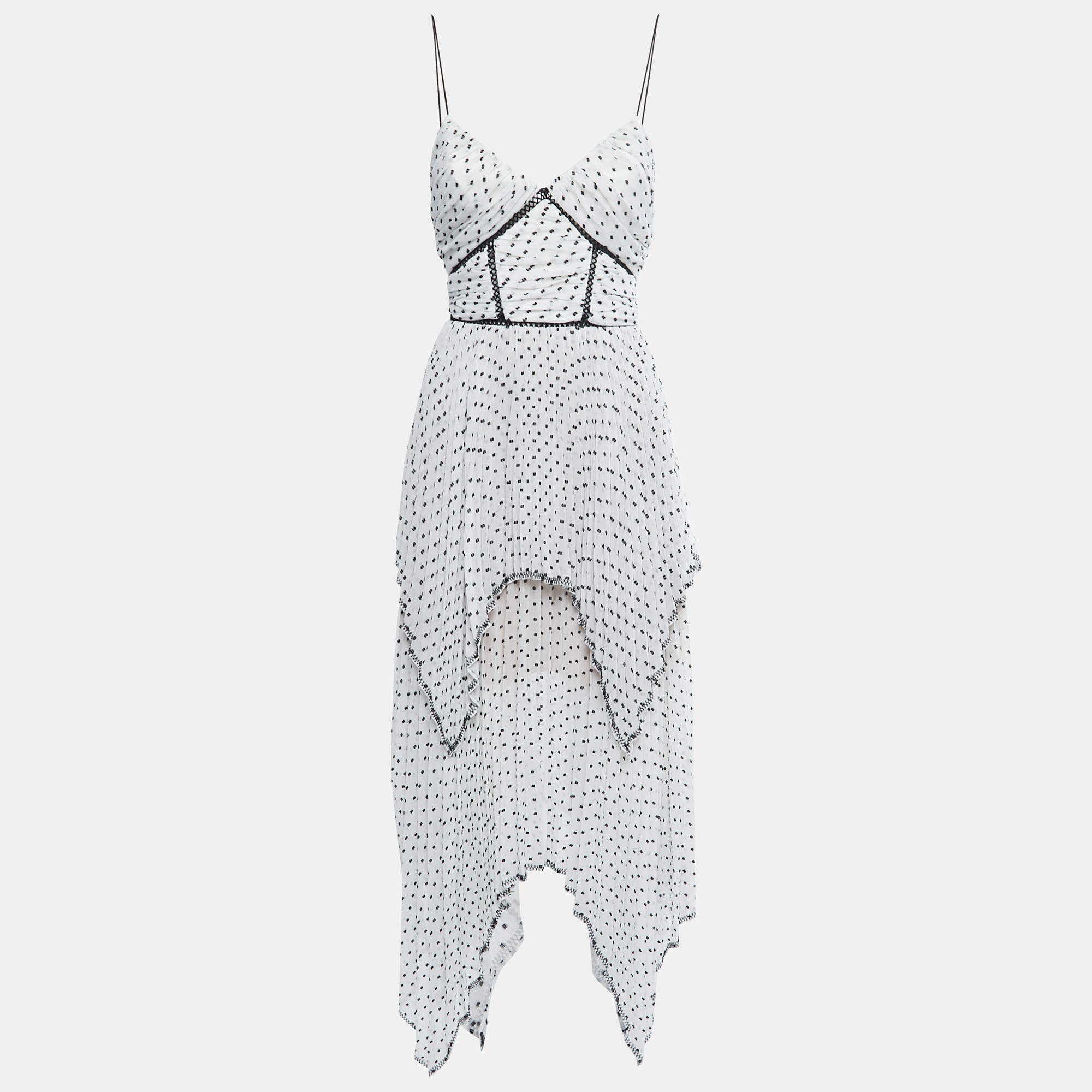 Pre Owned Self-Portrait White Polka-Dot Chiffon Pleated Midi Dress S