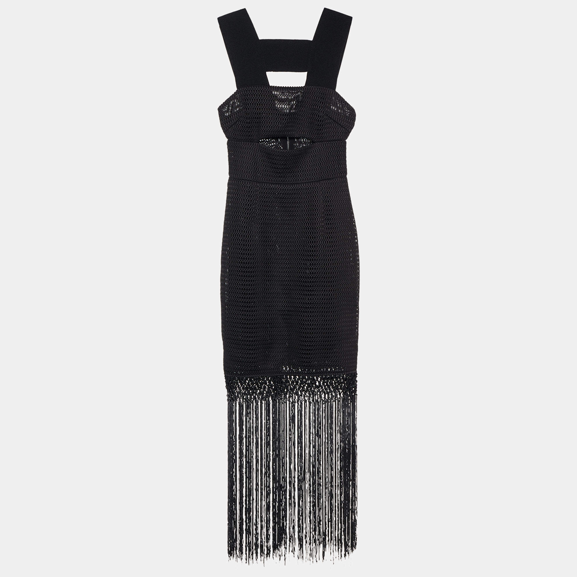 Pre Owned Self-Portrait Black Textured Fringed Detail Sleeveless Dress S