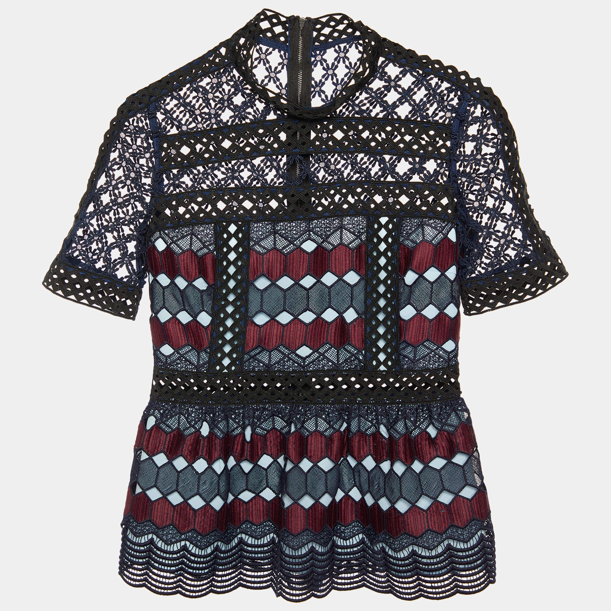 Self-Portrait Navy Blue Hexagonal Guipure Lace Top M