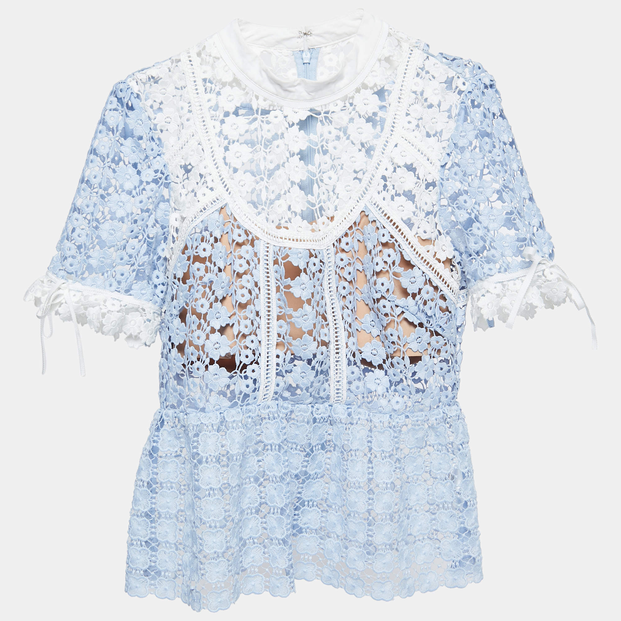 Pre Owned Self-Portrait Light Blue Floral Guipure Peplum Top M