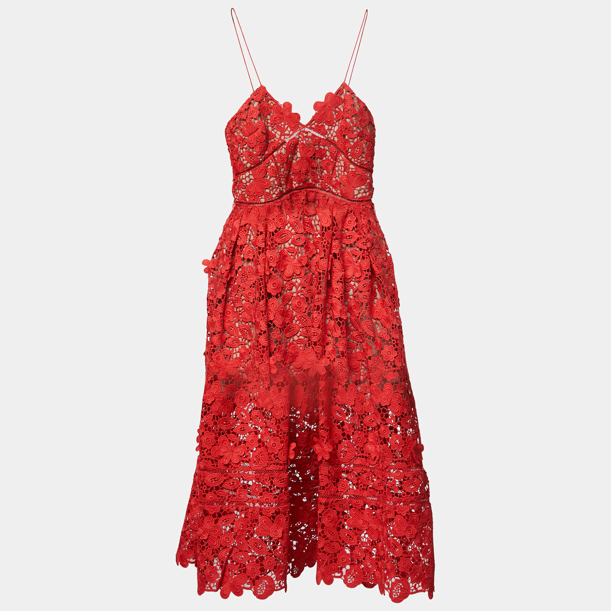 Pre Owned Self-Portrait Red Floral Guipure Lace Midi Dress M