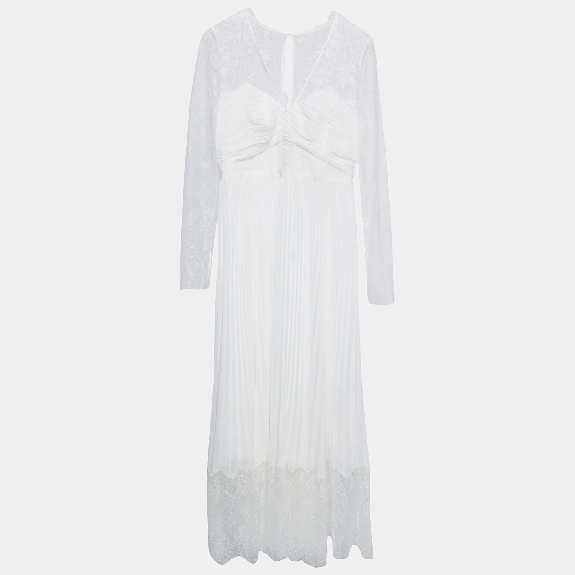 Pre Owned Self-Portrait White Chiffon Lace Trimmed Pleated Midi Dress M