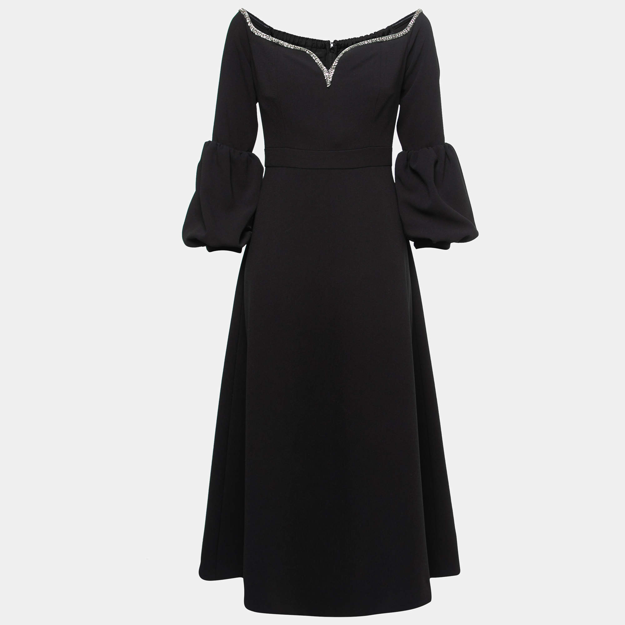 Pre Owned Self-Portrait Black Crepe Embellished Puff-Sleeve Maxi Dress S