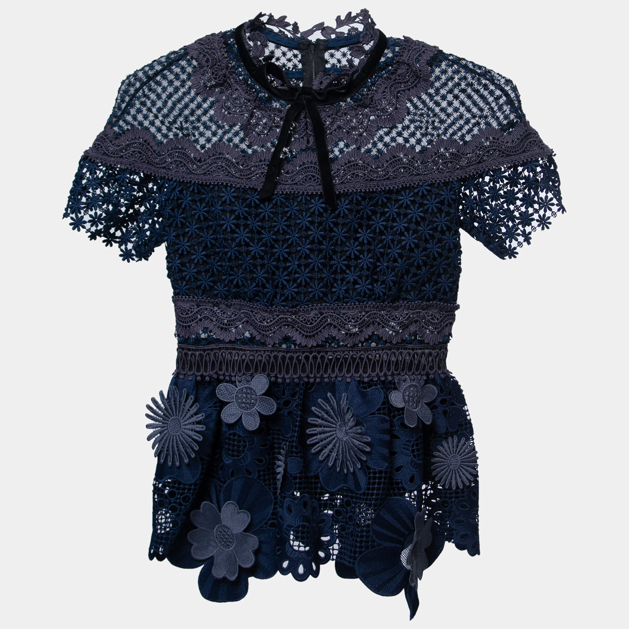 Pre Owned Self-Portrait Blue Floral Guipure Lace Peplum Top S