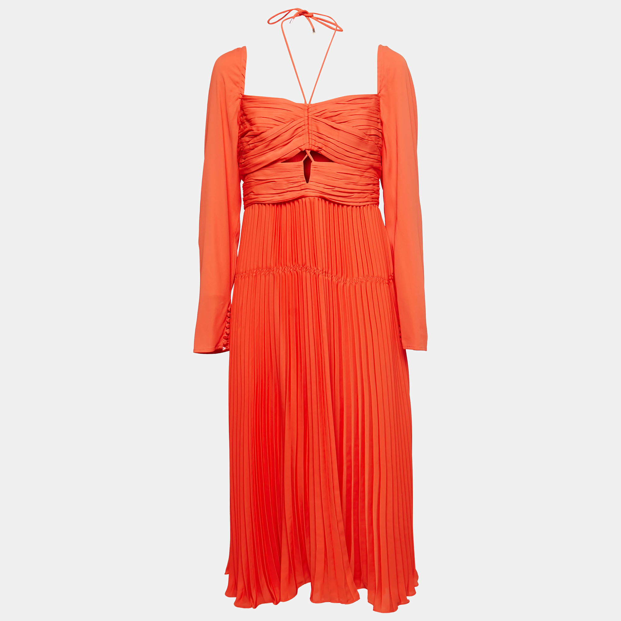 Pre Owned Self-Portrait Orange Chiffon Plisse Cold Shoulder Dress M