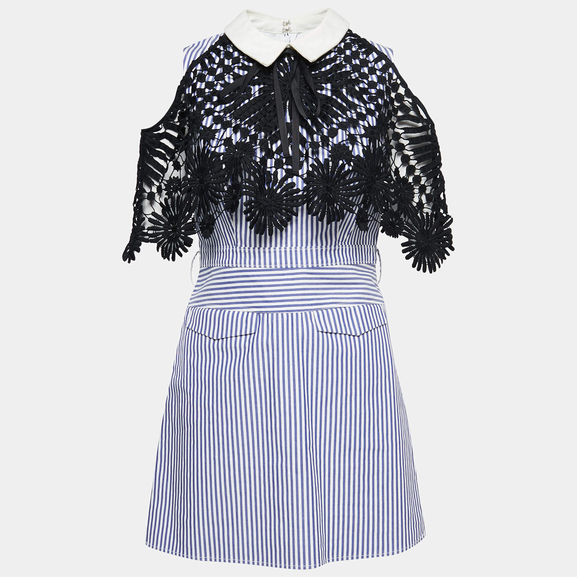 Pre Owned Self-Portrait Blue Striped Cotton Lace Overlay Mini Dress M