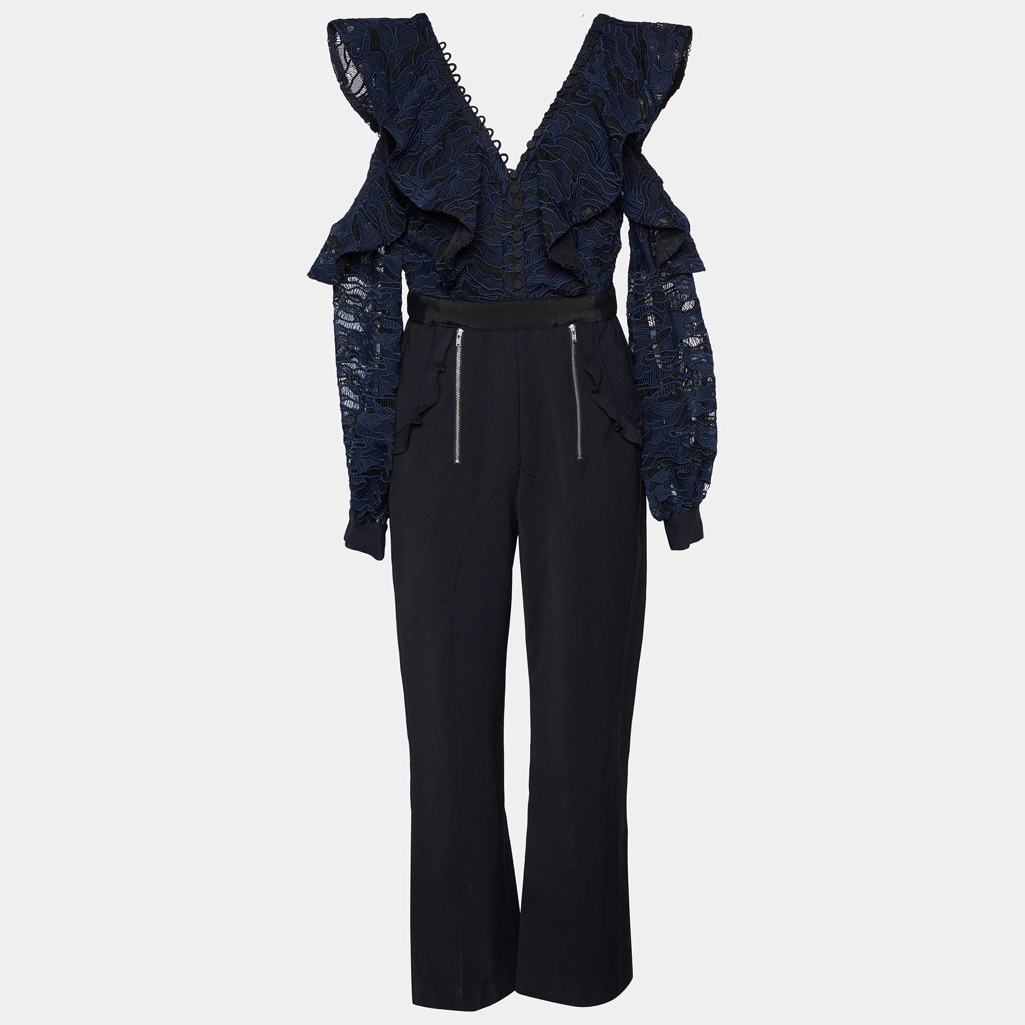 Self-Portrait Navy Blue Guipure Lace & Black Crepe Cold Shoulder Jumpsuit M