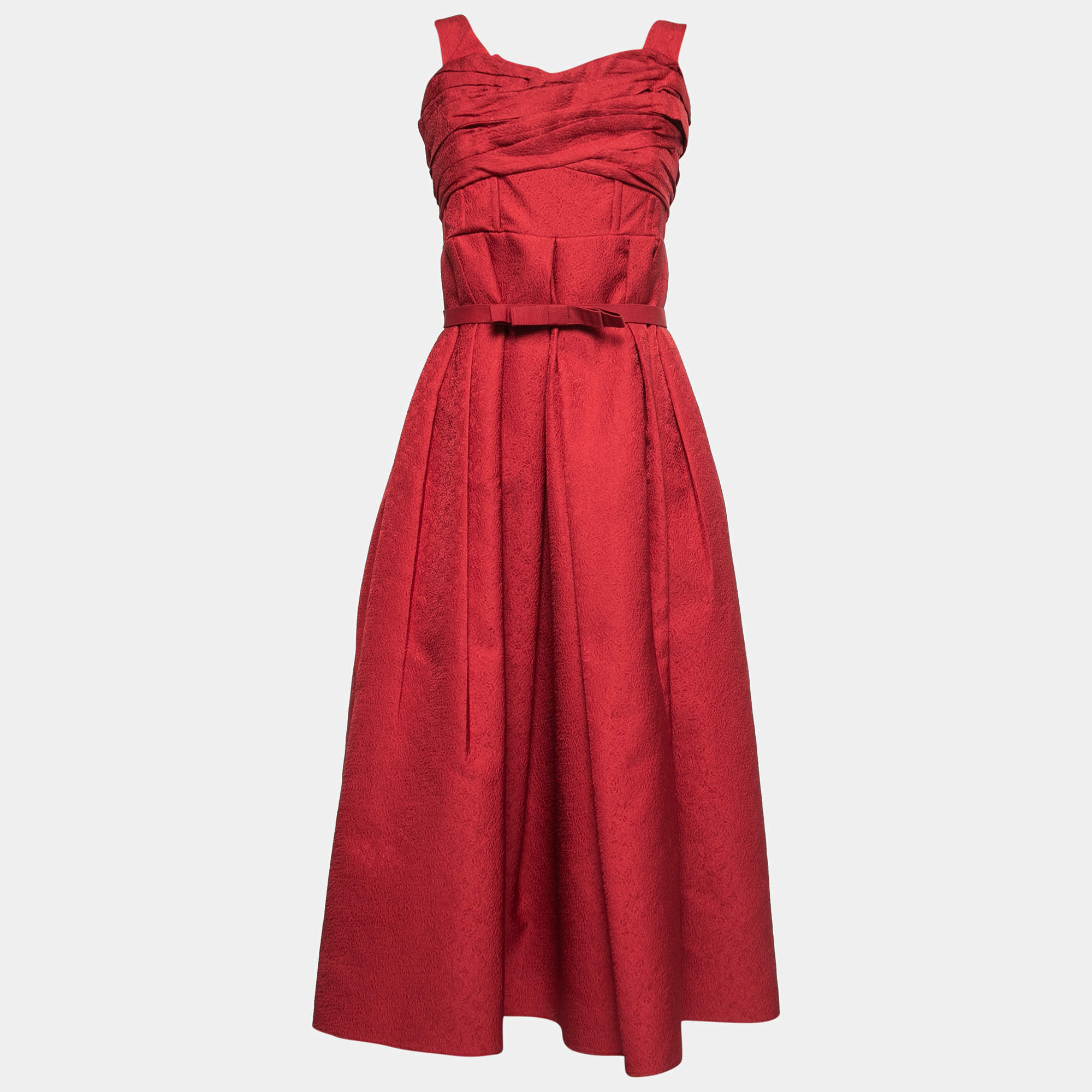 Self-Portrait Red Textured Crepe Belted Off Shoulder Midi Dress M Self-Portrait | The Luxury Closet