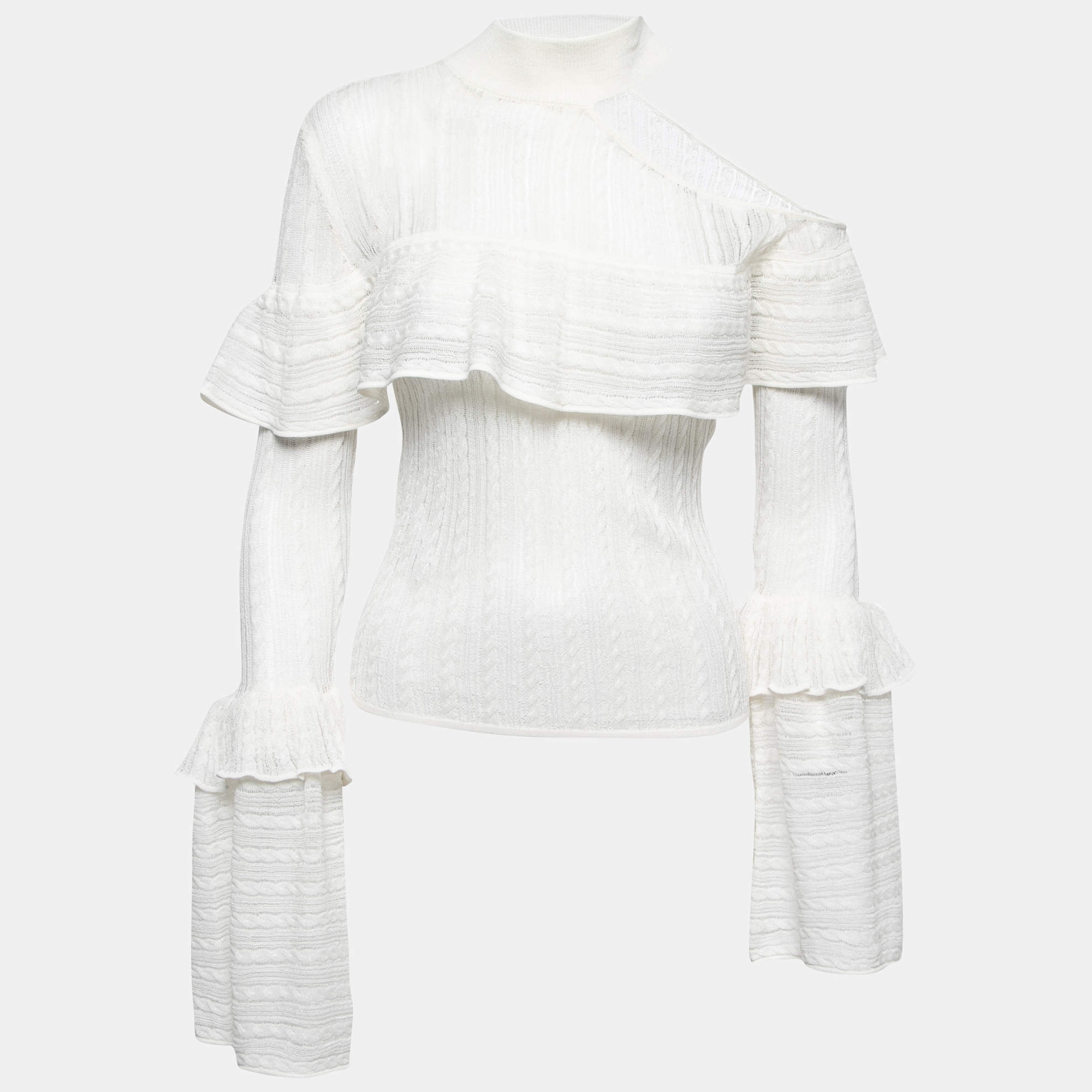 Self-Portrait White Open Knit Ruffled Cutout Detail Pullover S