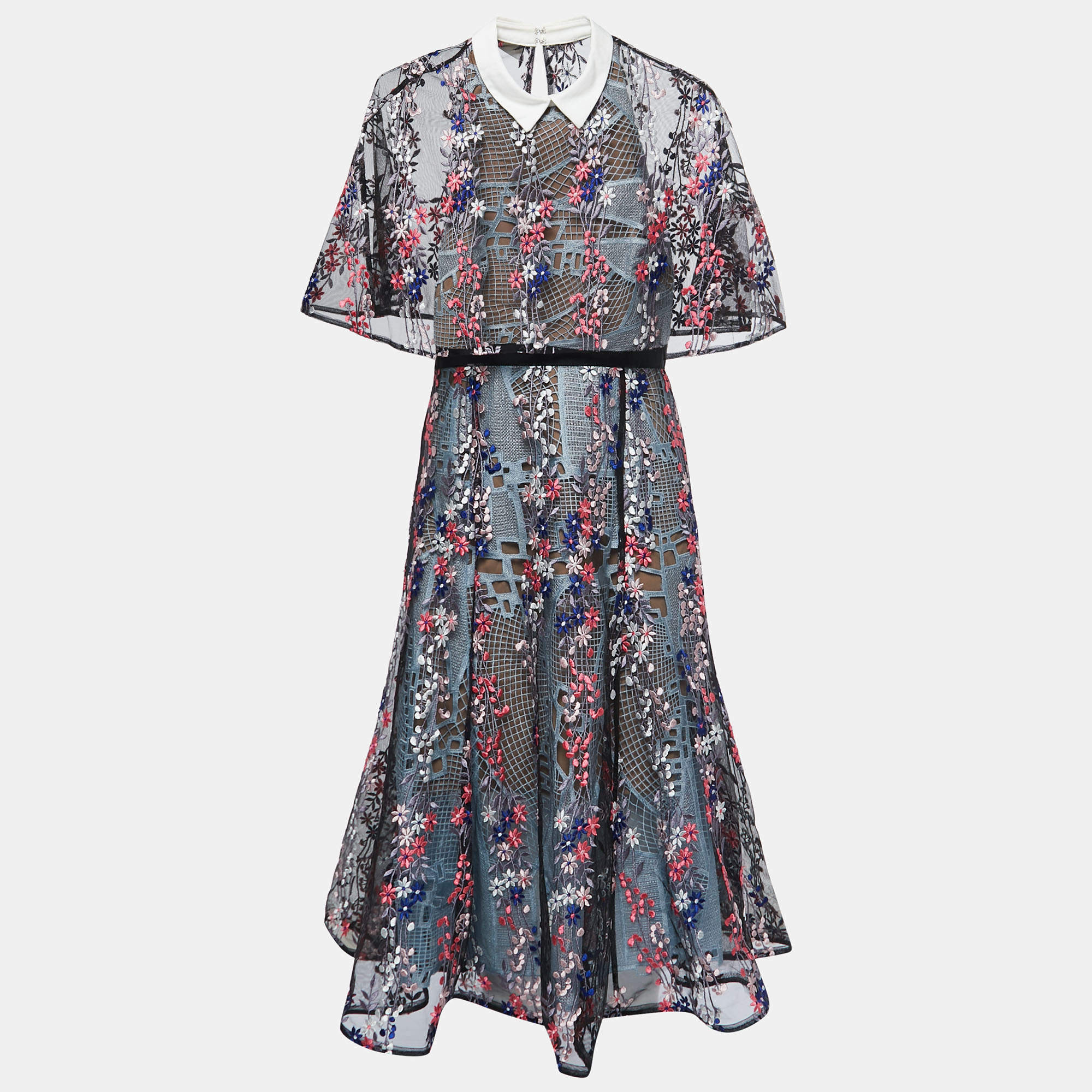 Self-Portrait Black/Blue Embroidered Lace Midi Dress L