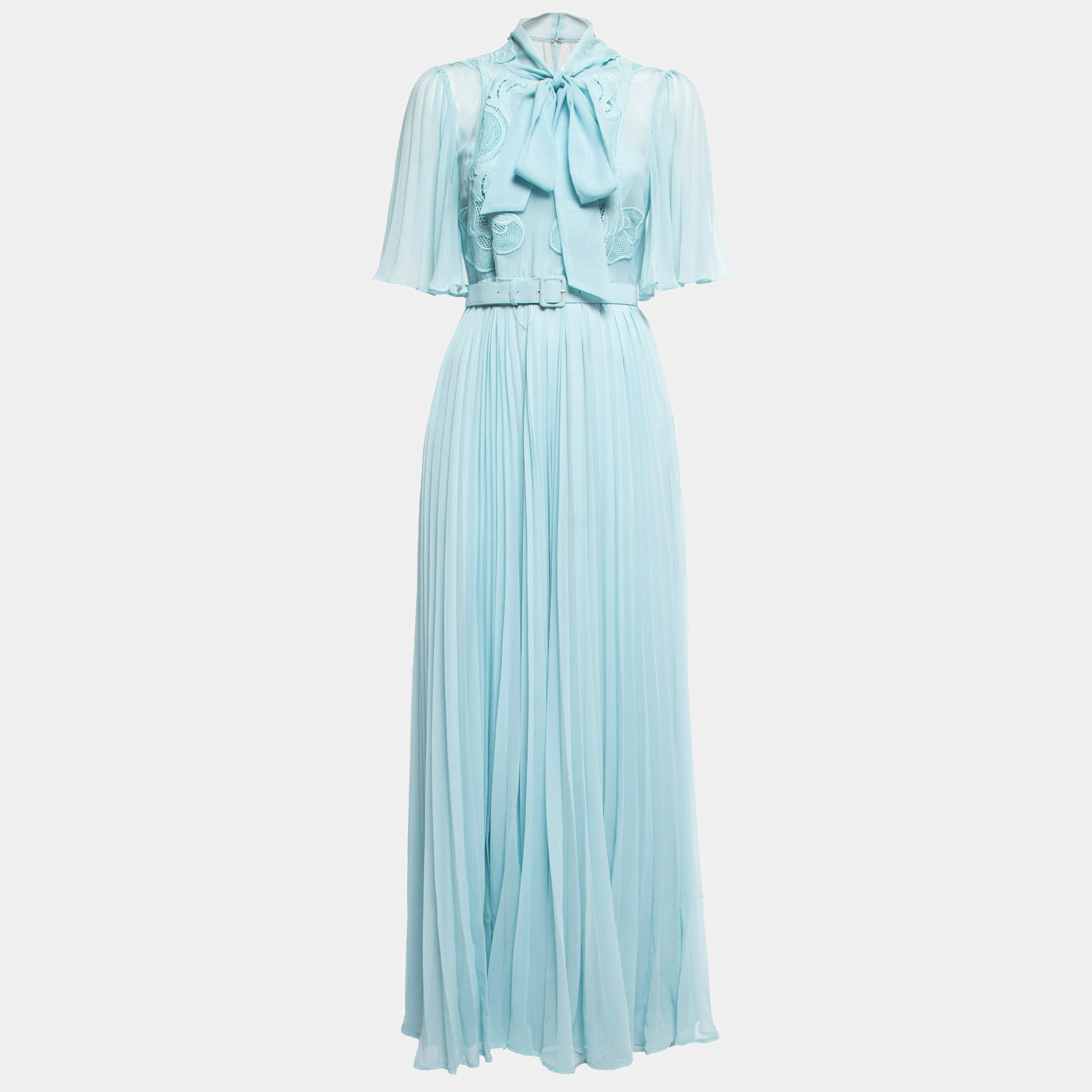 Self-Portrait Light Blue Chiffon Lace Trimmed Bow Detail Belted Maxi Dress S