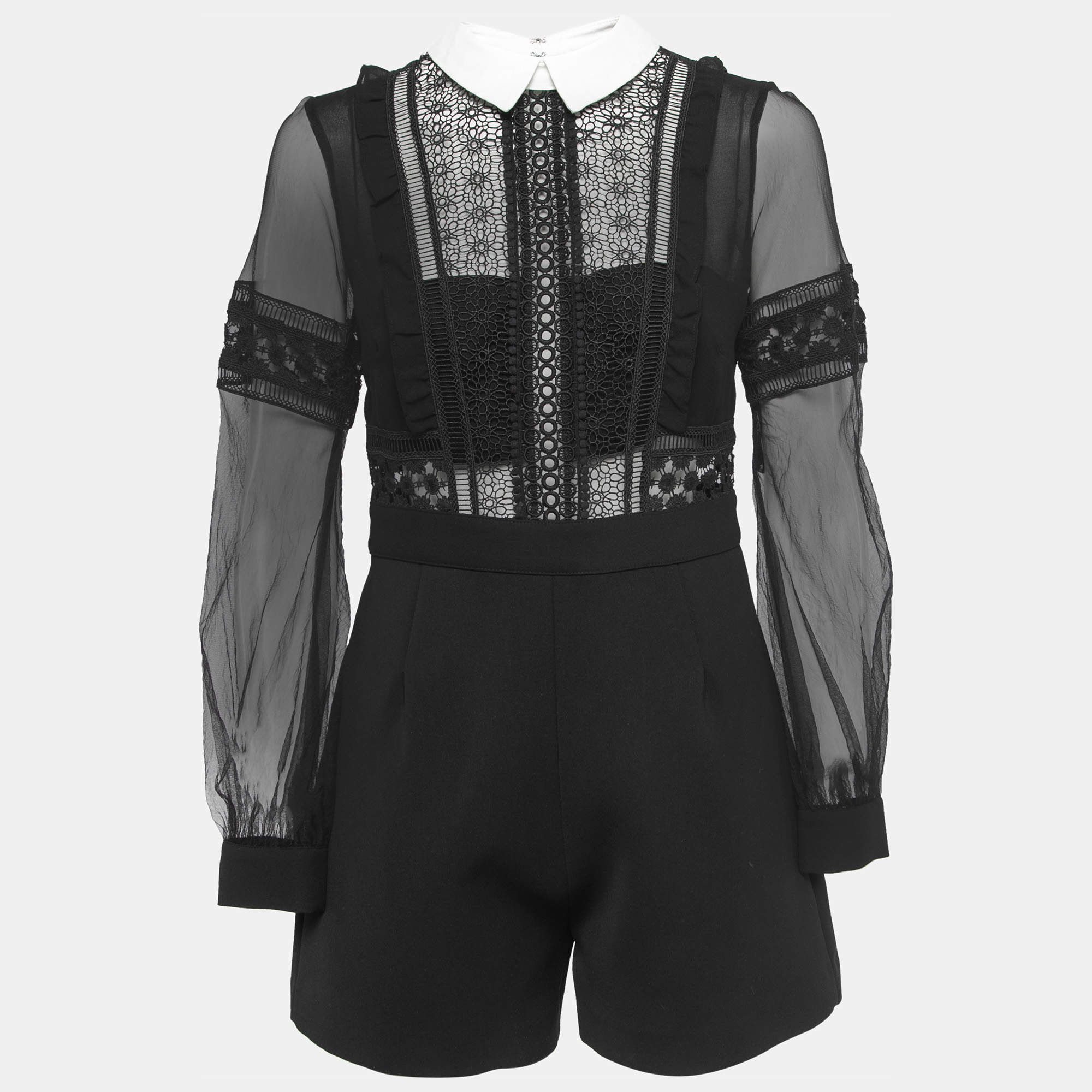Self-Portrait Black Crepe Lace Trimmed Full Sleeve Playsuit M