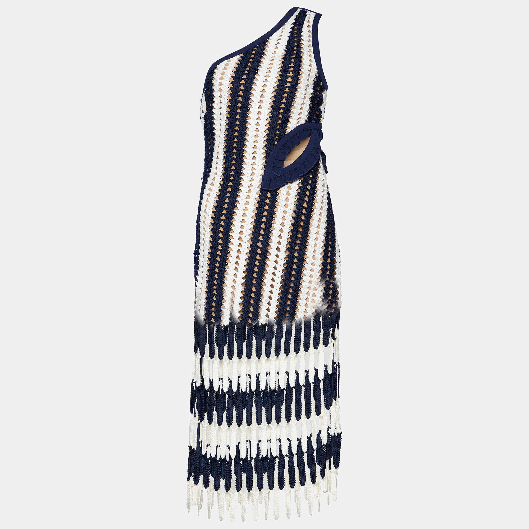 Self-Portrait Navy Blue & White Crochet Knit One Shoulder Cut Out Detail Midi Dress M
