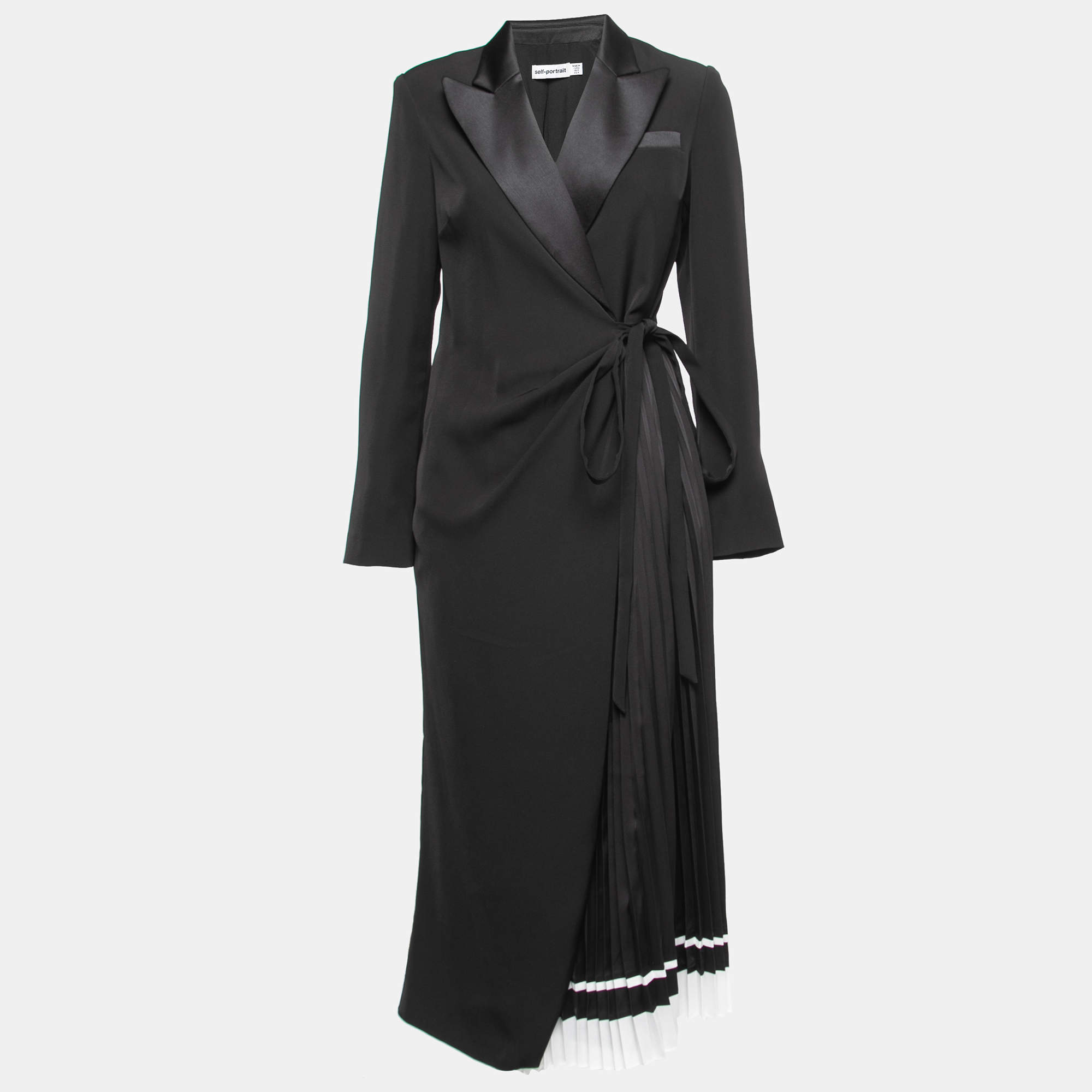 Self-Portrait Black Crepe Tailored Pleated Midi Dress S