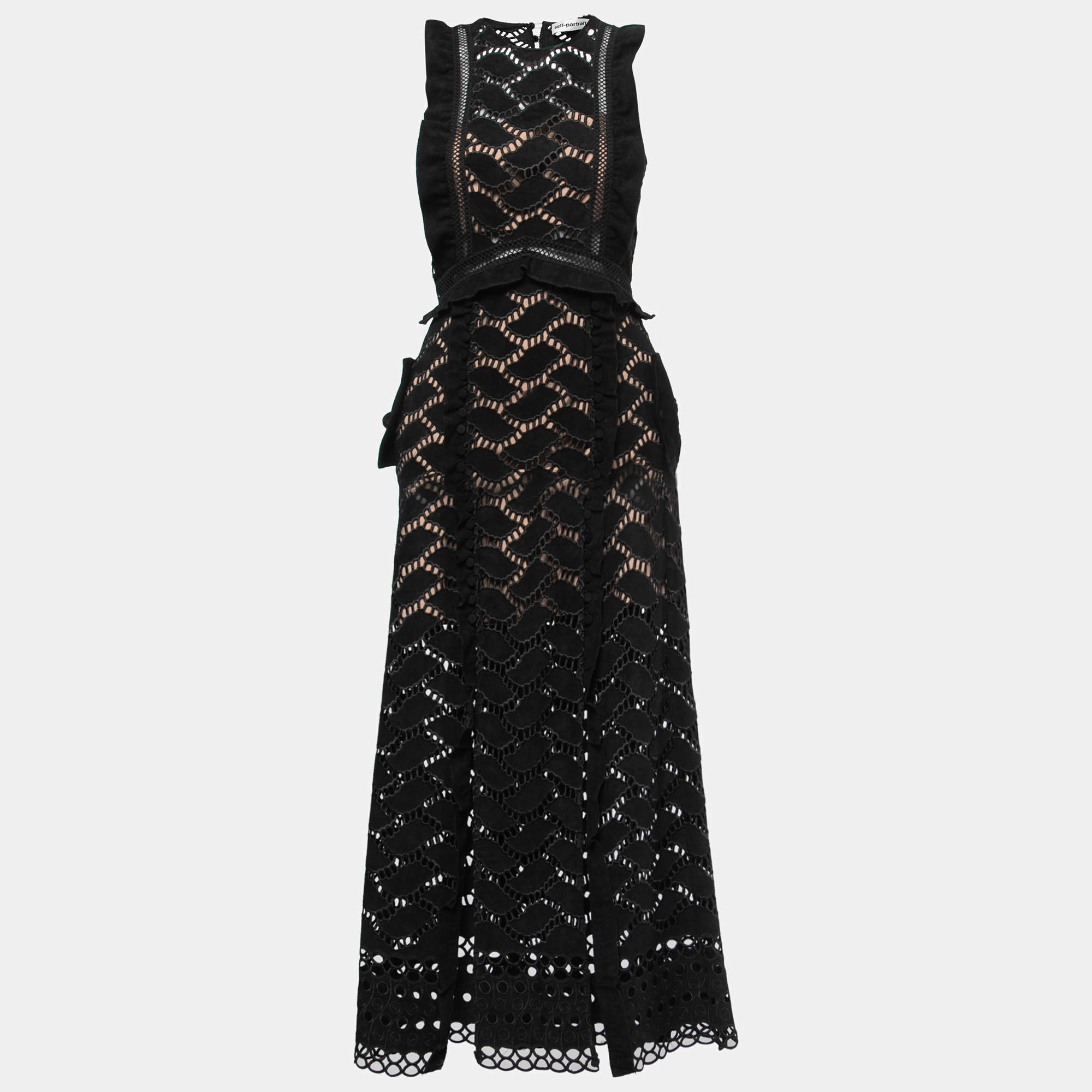 Self-Portrait Black Suede & Lace Cutwork Slit Midi Dress S