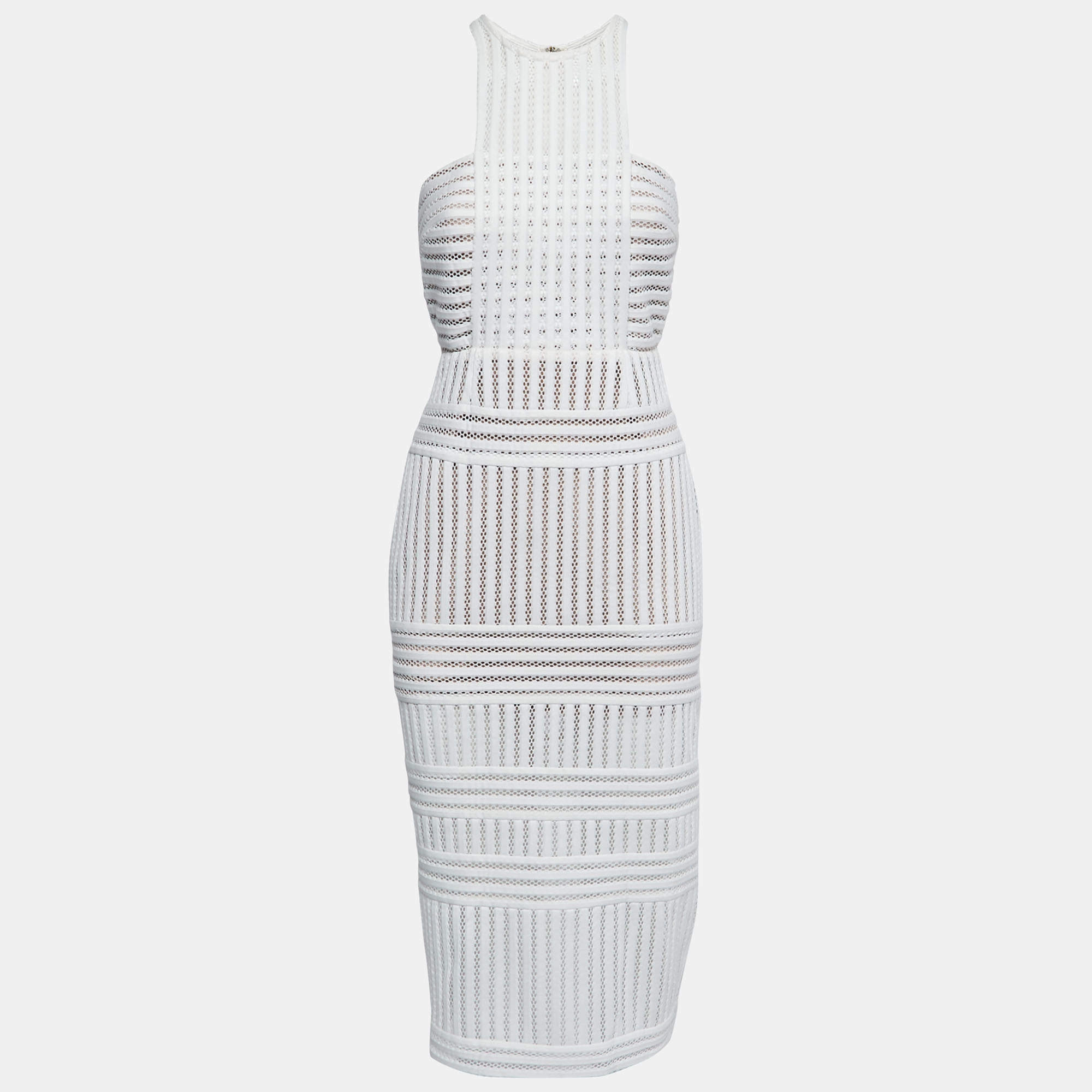 Pre Owned Self-Portrait White Striped Mesh Column Midi Dress M