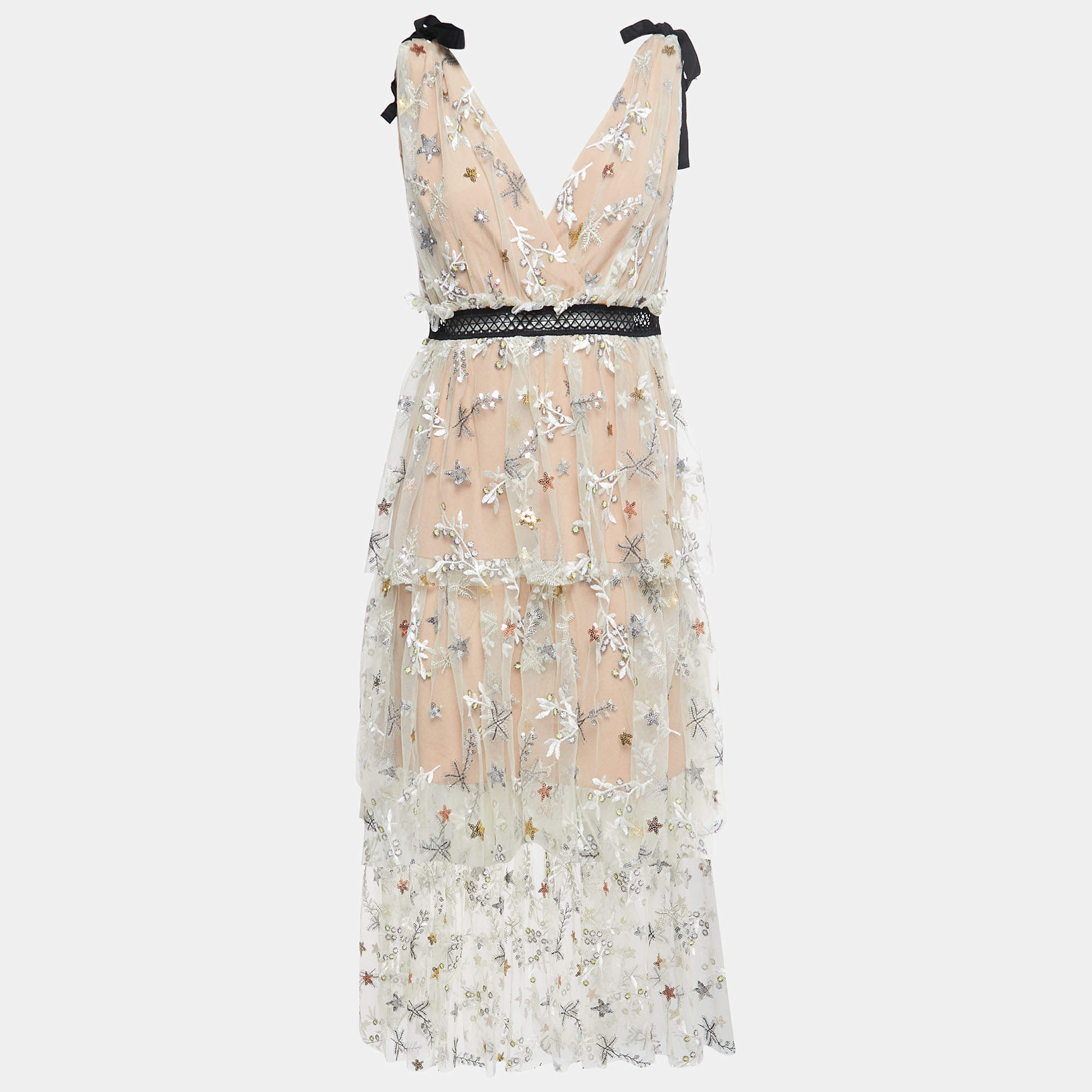 مملوكة مسبقًا Self-Portrait Beige Sequin Embroidered Tulle Tiered Midi Dress M