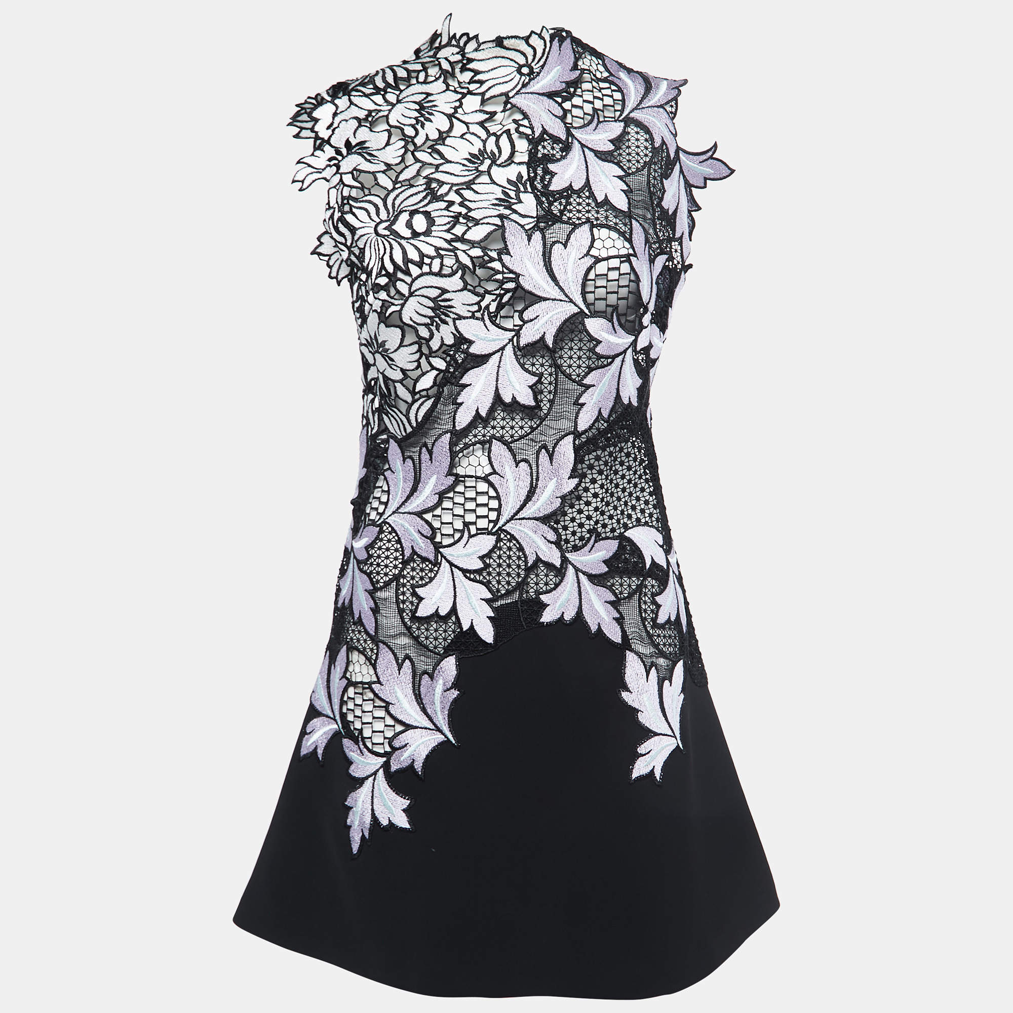 Pre Owned Self-Portrait Black Floral Guipure Lace & Crepe Sleeveless Dress M