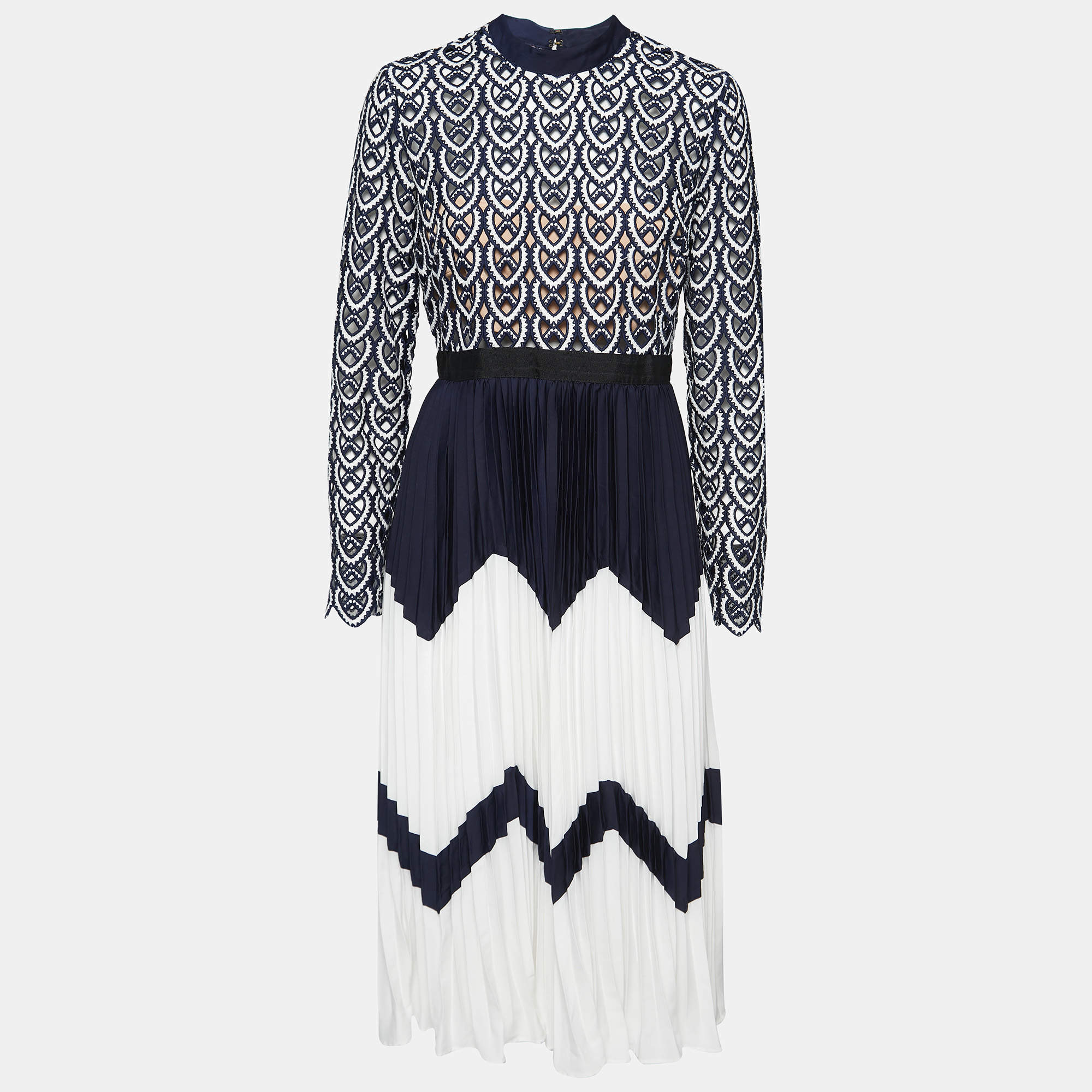 Pre Owned Self-Portrait Navy Blue & White Lace & Pleated Chiffon Midi Dress M