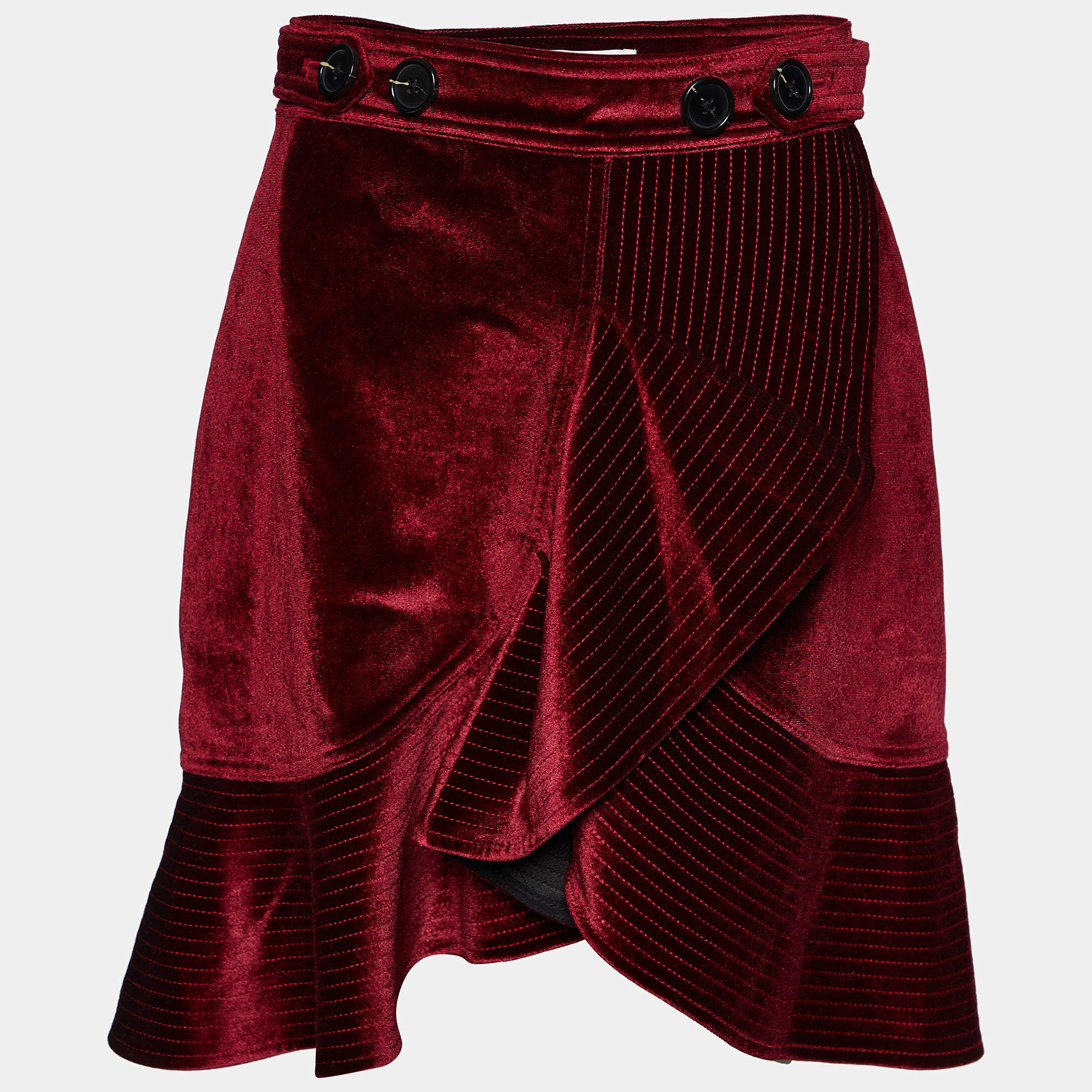 Pre Owned Self-Portrait Burgundy Velvet Ruffled Mini Skirt S