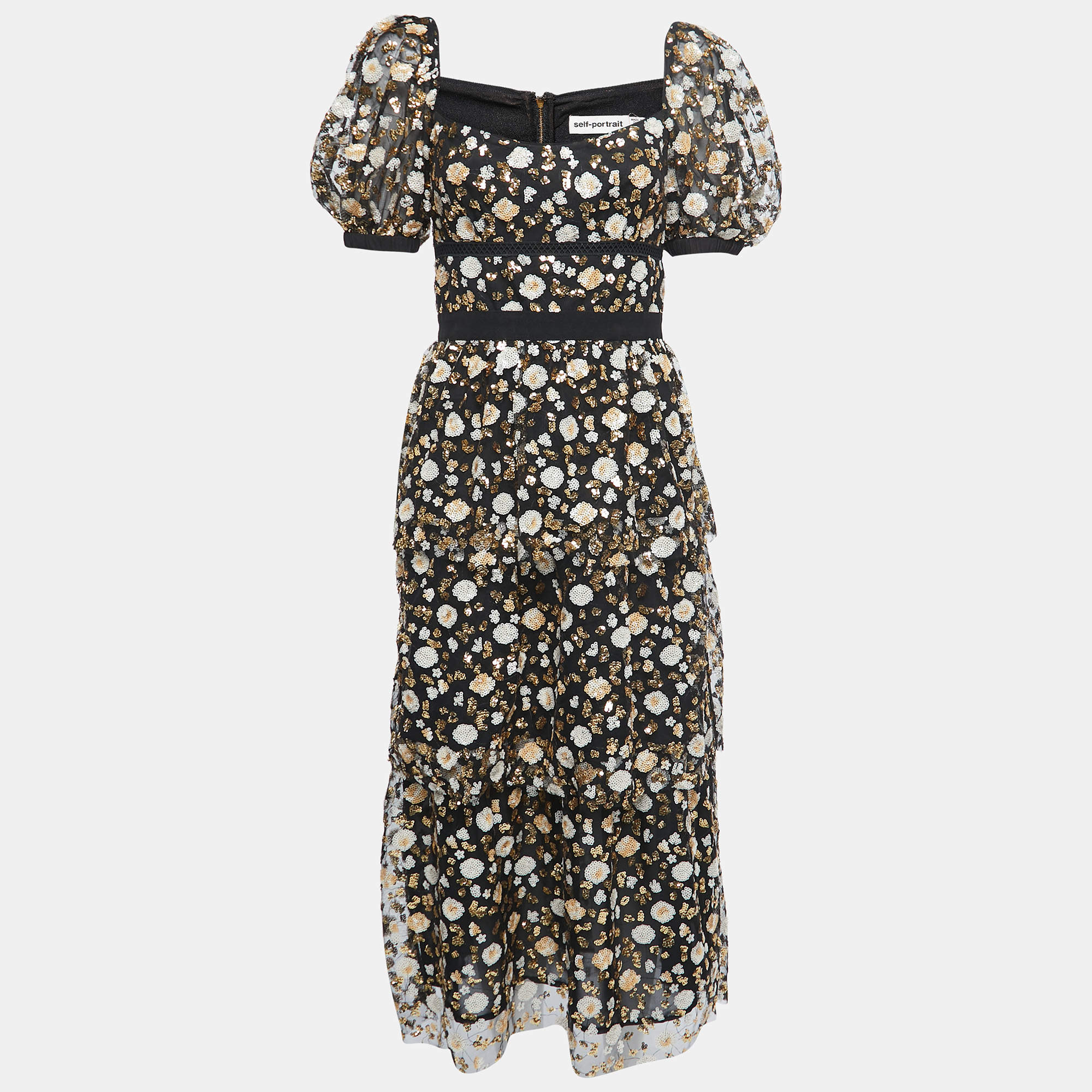 Pre Owned Self-Portrait Black Sequined Tulle Tiered Midi Dress M