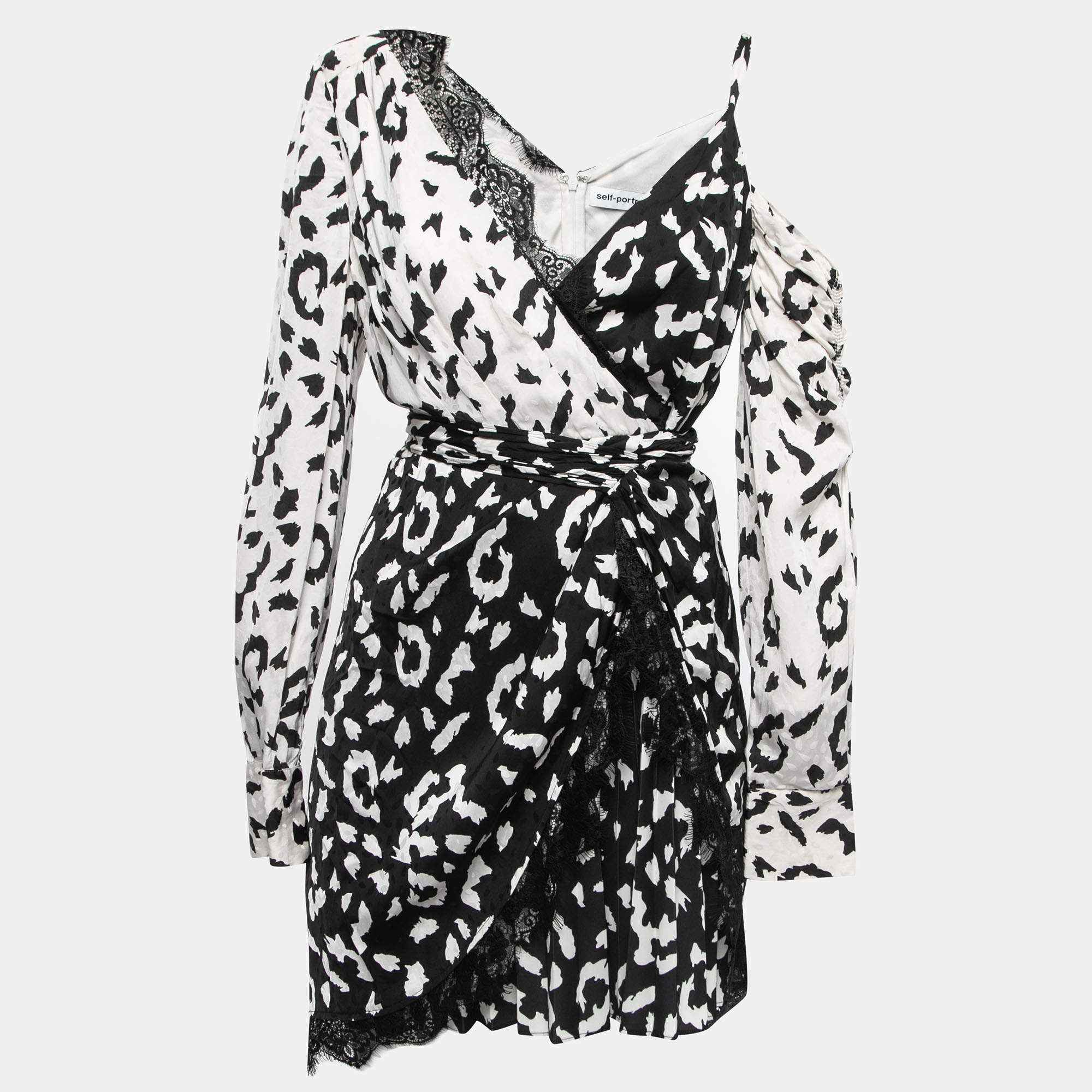 Pre Owned Self-Portrait Black-White Leopard Print Crepe De Chine Lace Trim Wrap Dress M
