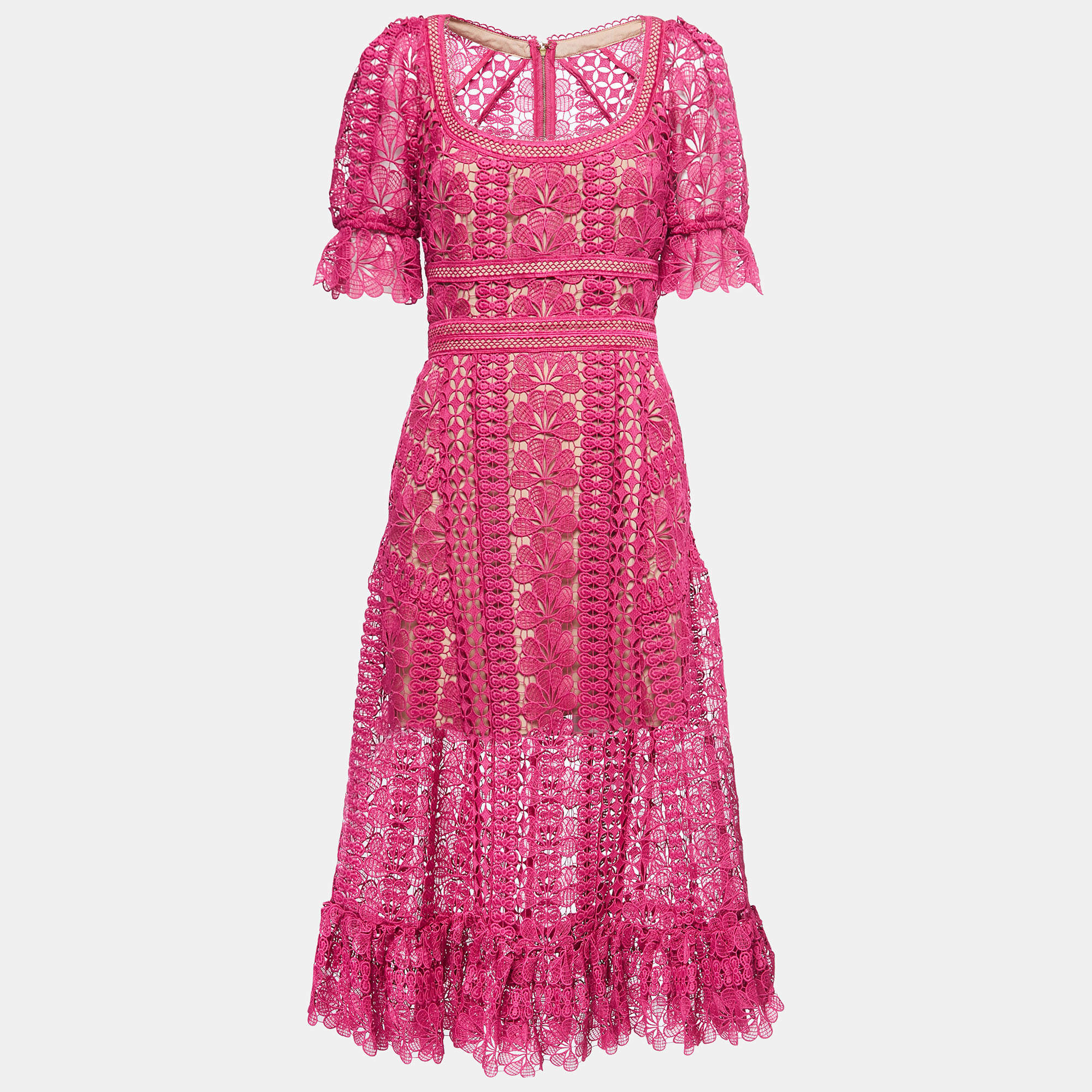 Pre Owned Self-Portrait Dark Pink Guipure Lace Ruffle Detail Midi Dress M