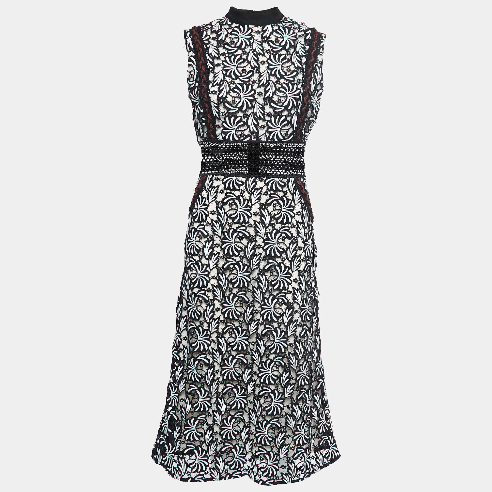 Pre Owned Self-Portrait Black/White Guipure Lace Sleeveless Midi Dress M