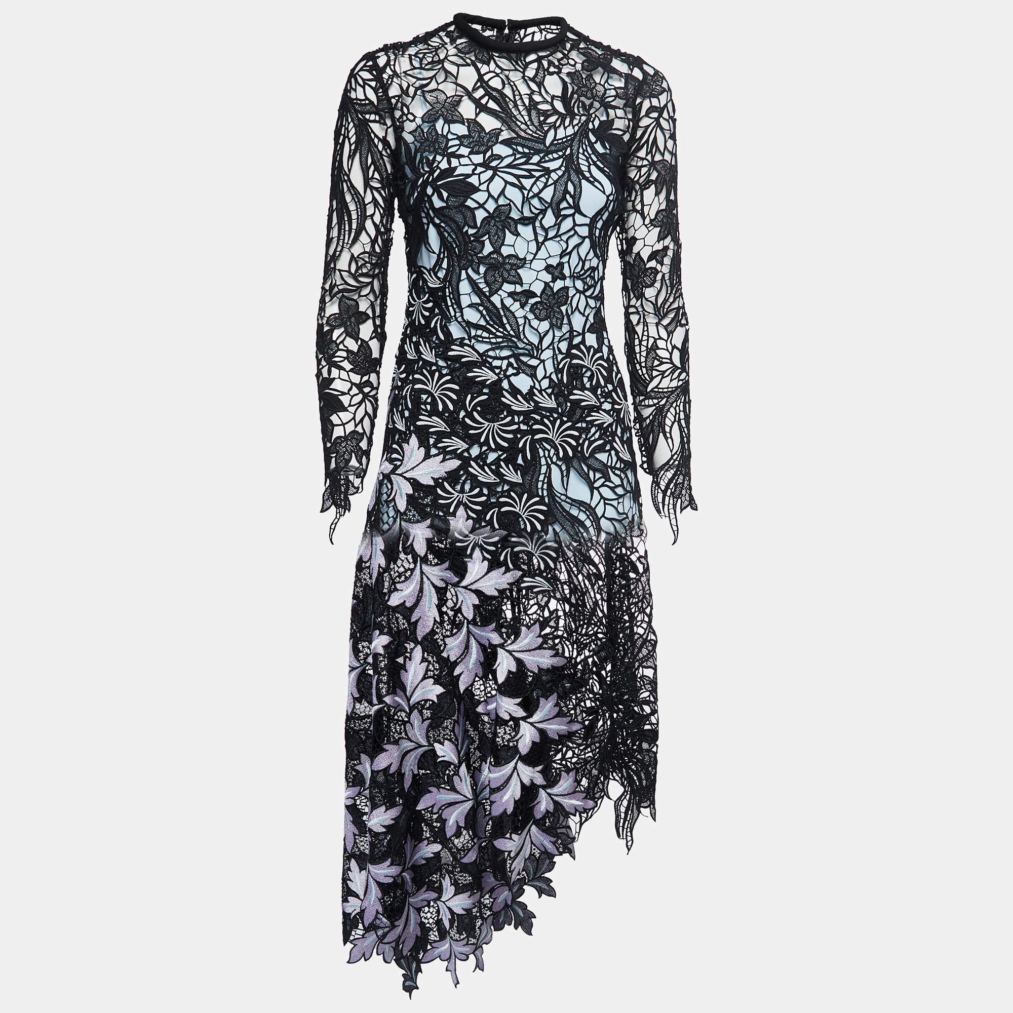 Pre Owned Self-Portrait Black Floral Lace Asymmetrical Midi Dress S