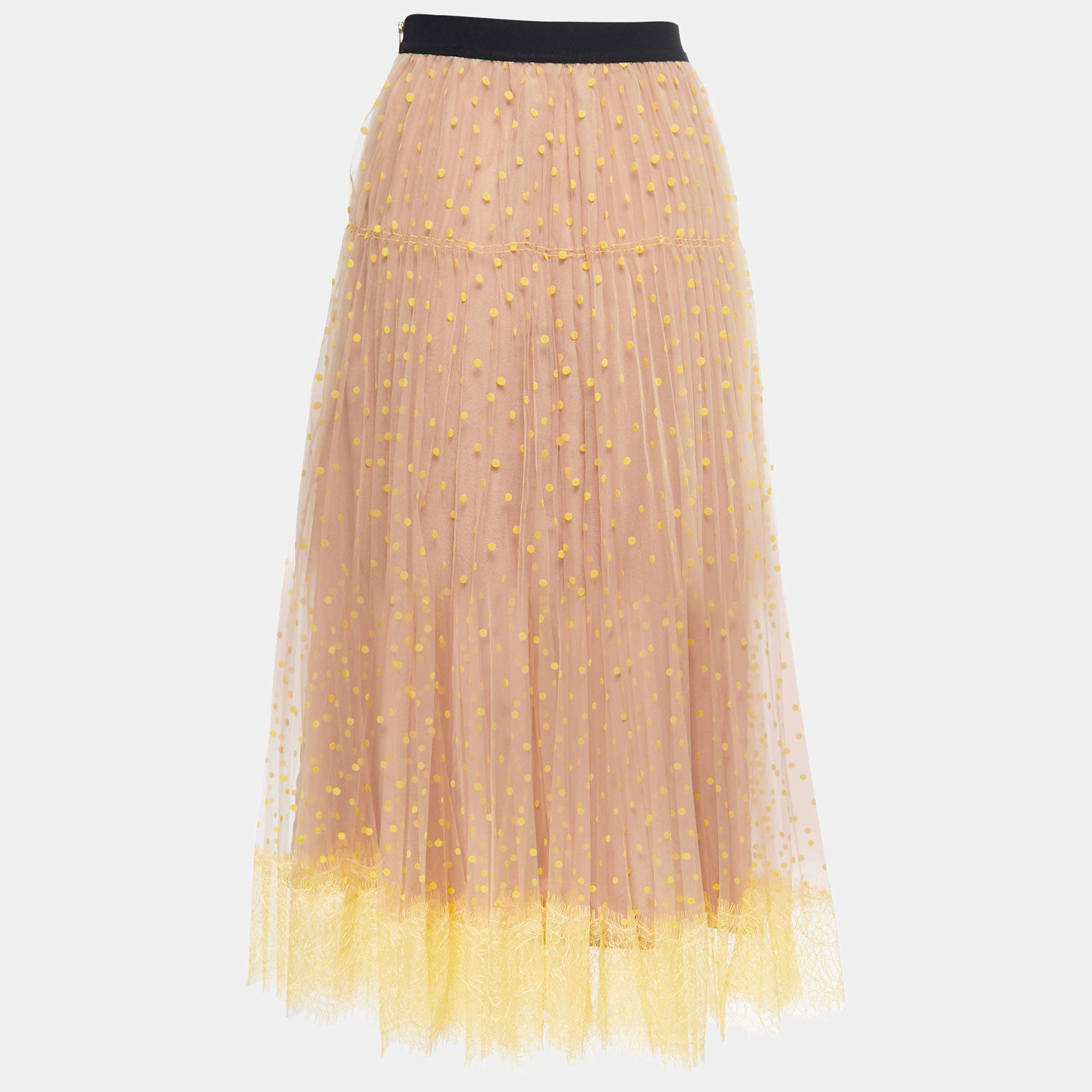Self-Portrait Beige/Yellow Dotted Tulle Lace Trimmed Elasticized Waist Midi Skirt S