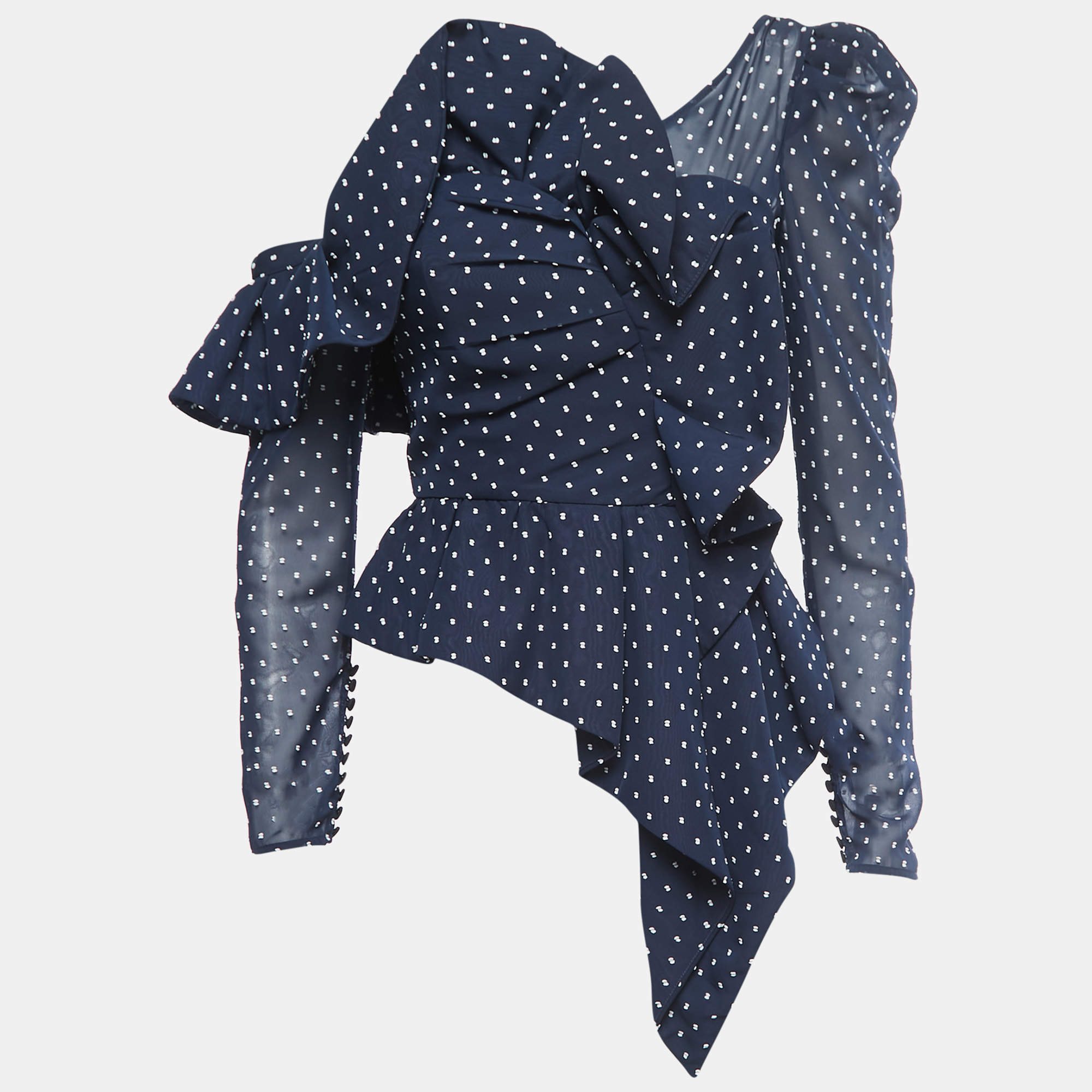 مملوكة مسبقًا Self-Portrait Navy Blue Swiss Dot Draped One Shoulder Blouse S