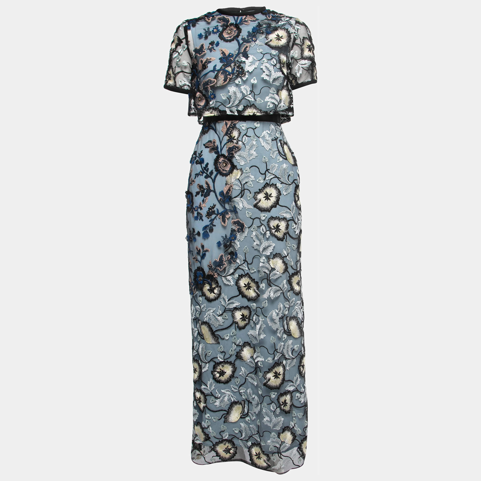 Pre Owned Self-Portrait Black/Blue Florentine Embroidered Tulle Maxi Dress S