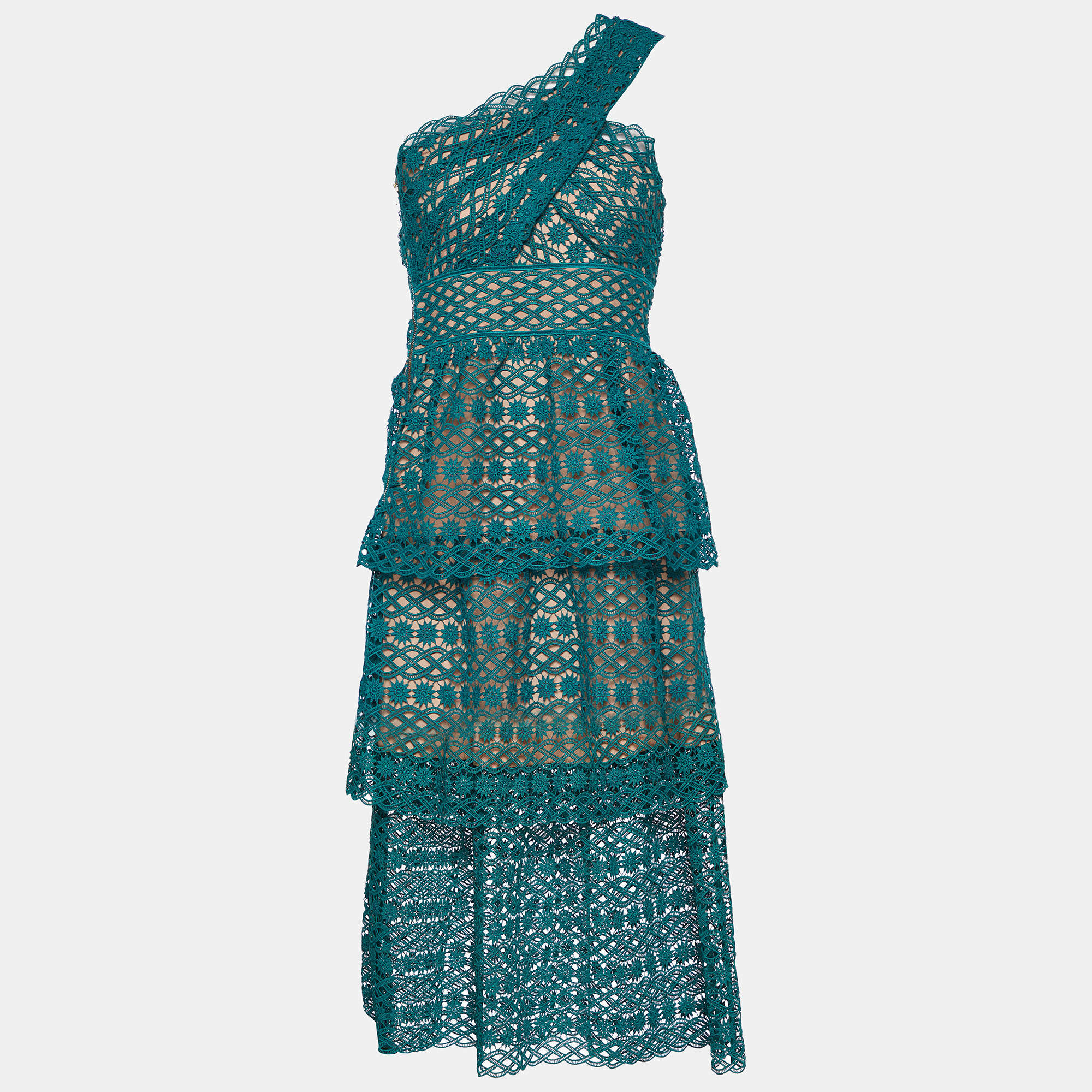 Pre Owned Self-Portrait Green Guipure Lace Tiered One Shoulder Midi Dress S