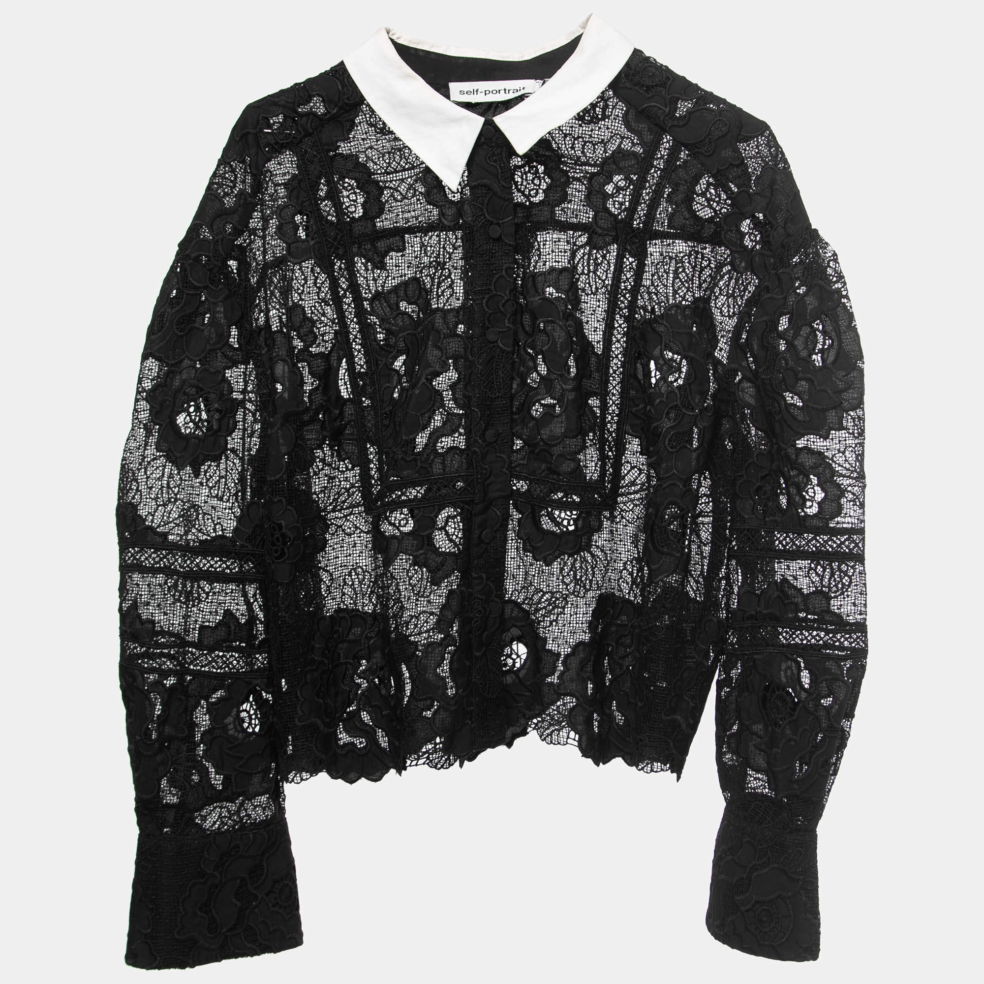 Self-Portrait Black Guipure Floral Lace Collared Shirt L