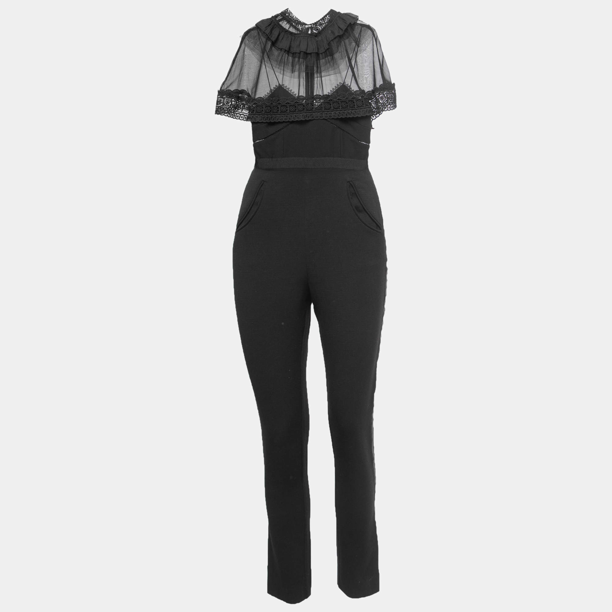 Pre Owned Self-Portrait Black Knit & Lace Trim Jumpsuit S
