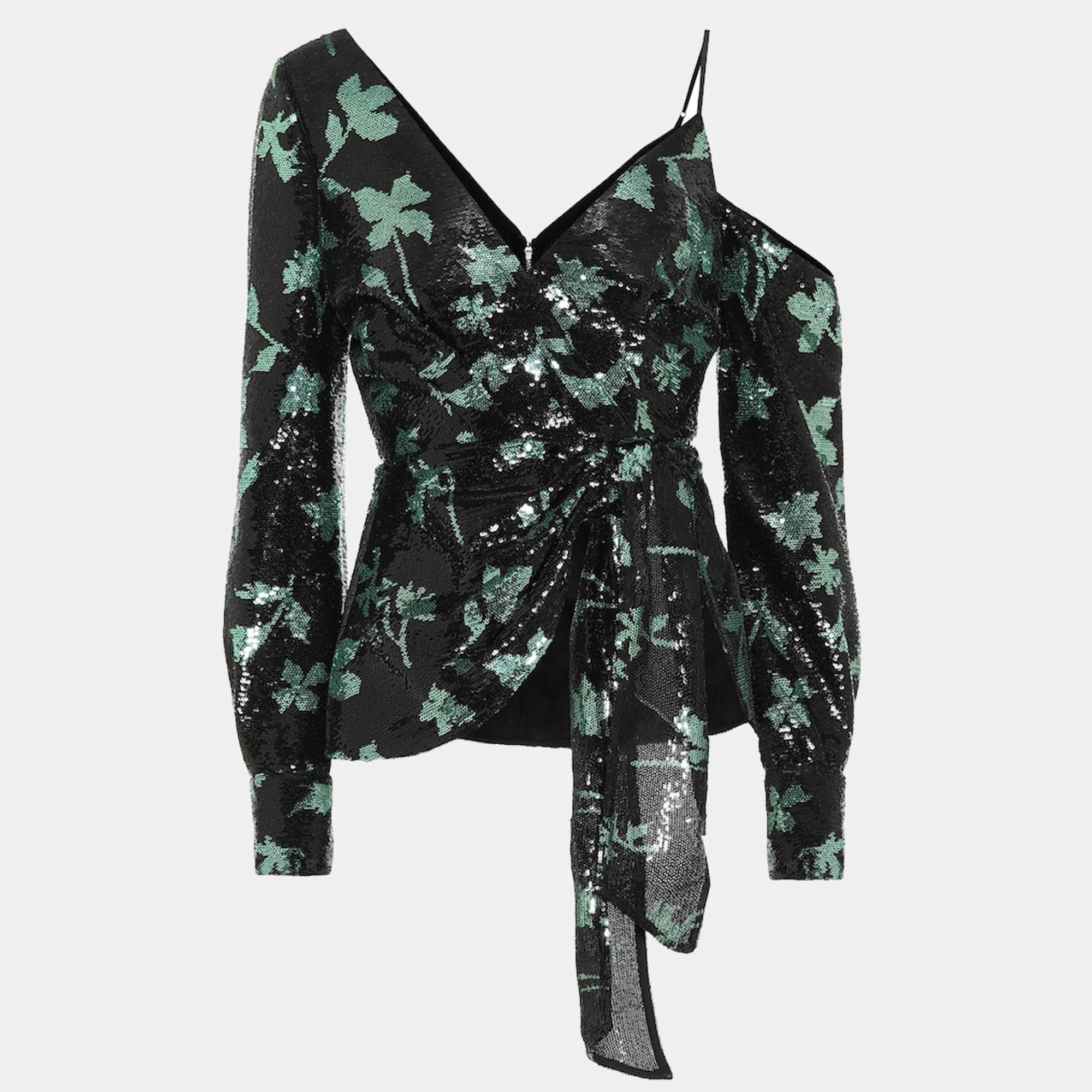 Self-Portrait Black/Green Leaf Dequined Asymmetrical Top M