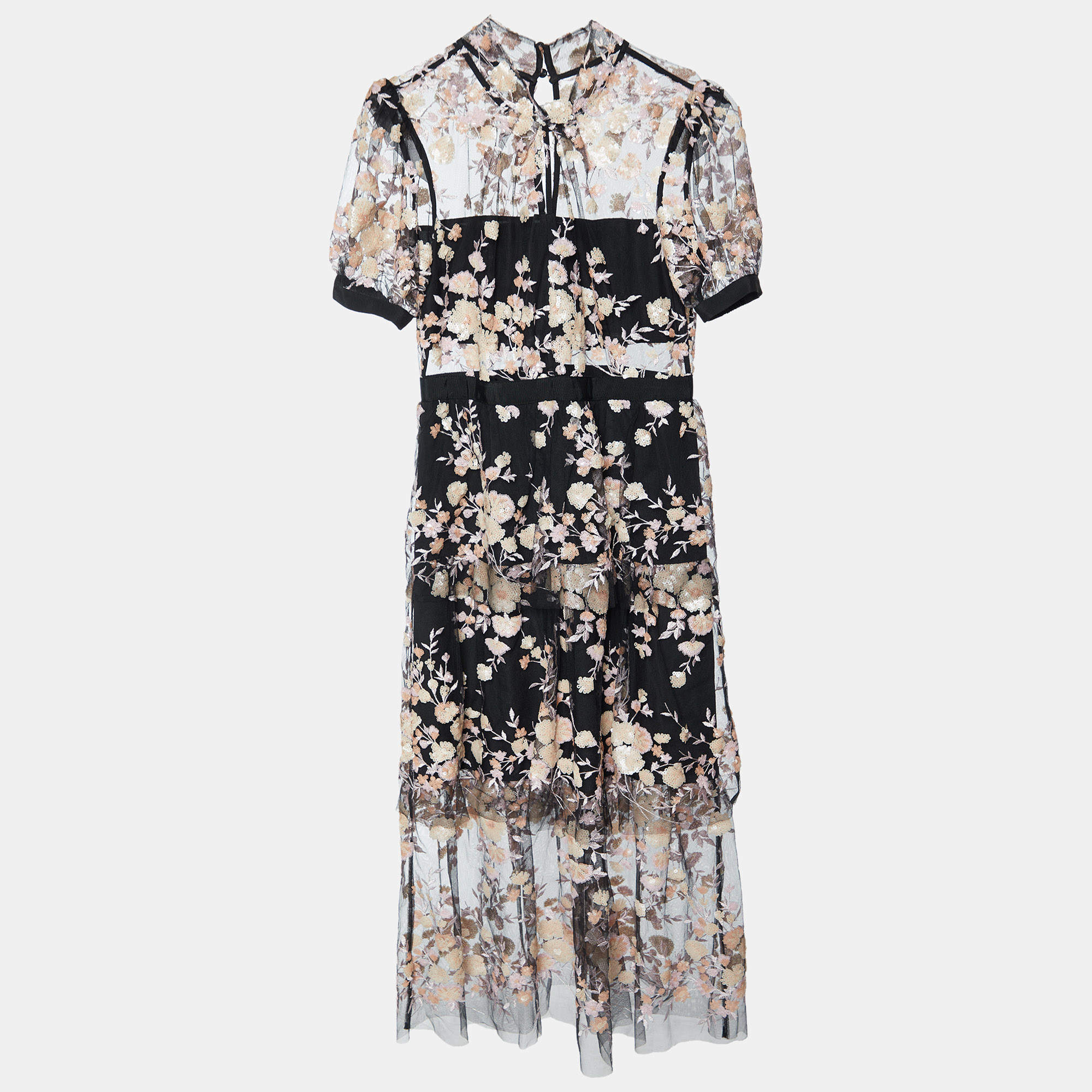 Pre Owned Self-Portrait Black Embellished Tulle Tiered Midi Dress M