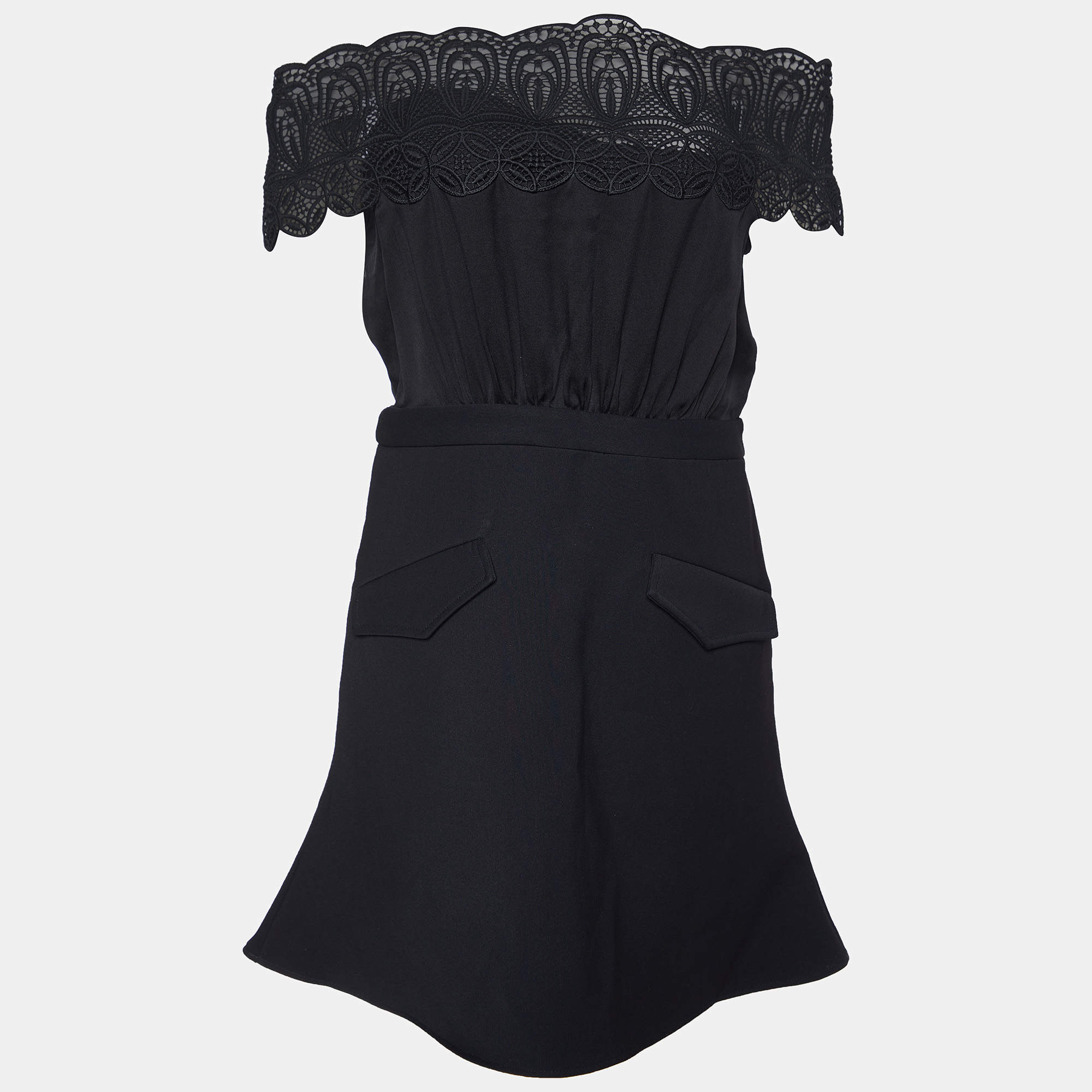 Self-Portrait Black Crepe & Lace Off Shoulder Mini Dress M