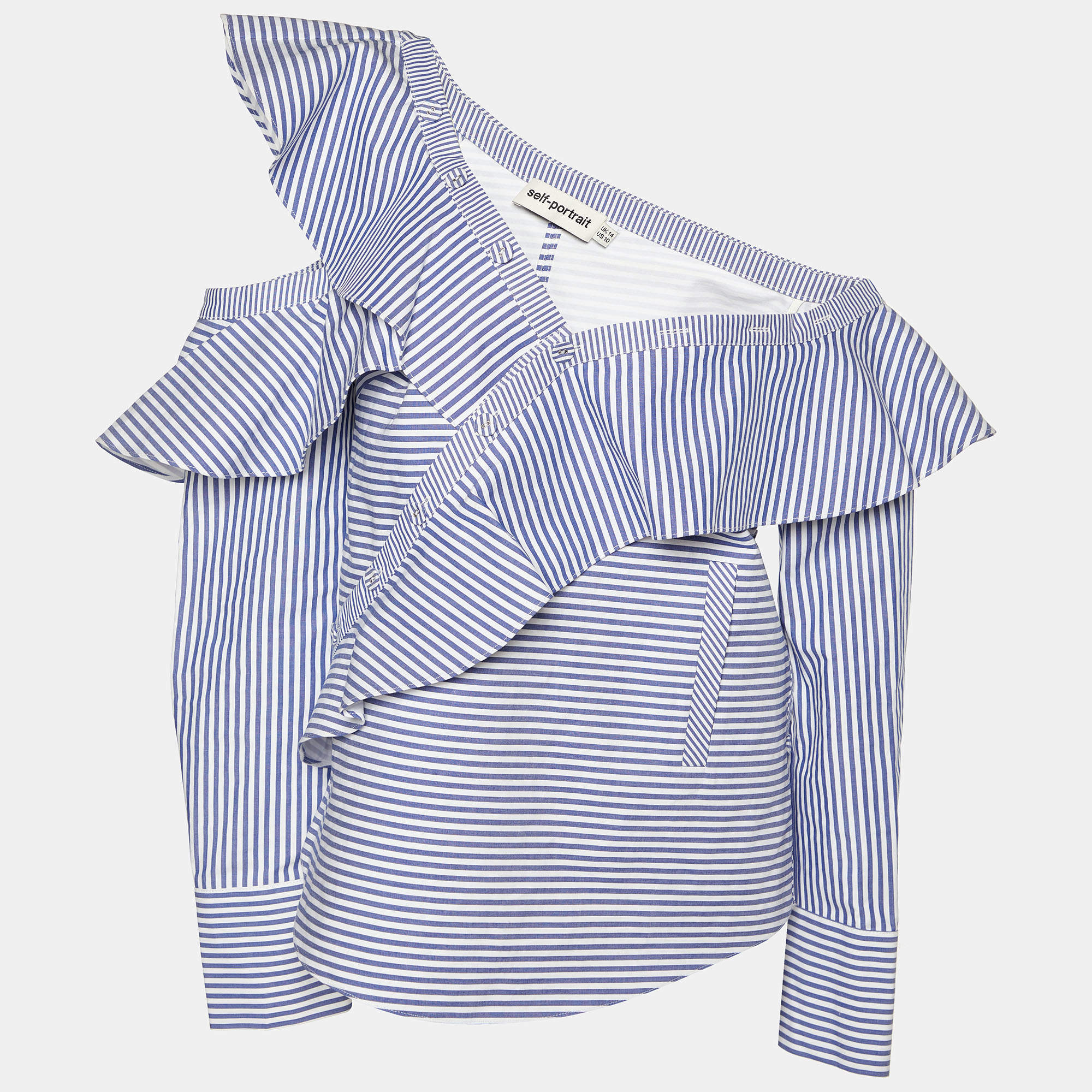 Pre Owned Self Portrait Blue and White Striped Ruffle Detail Off Shoulder Asymmetric Shirt L