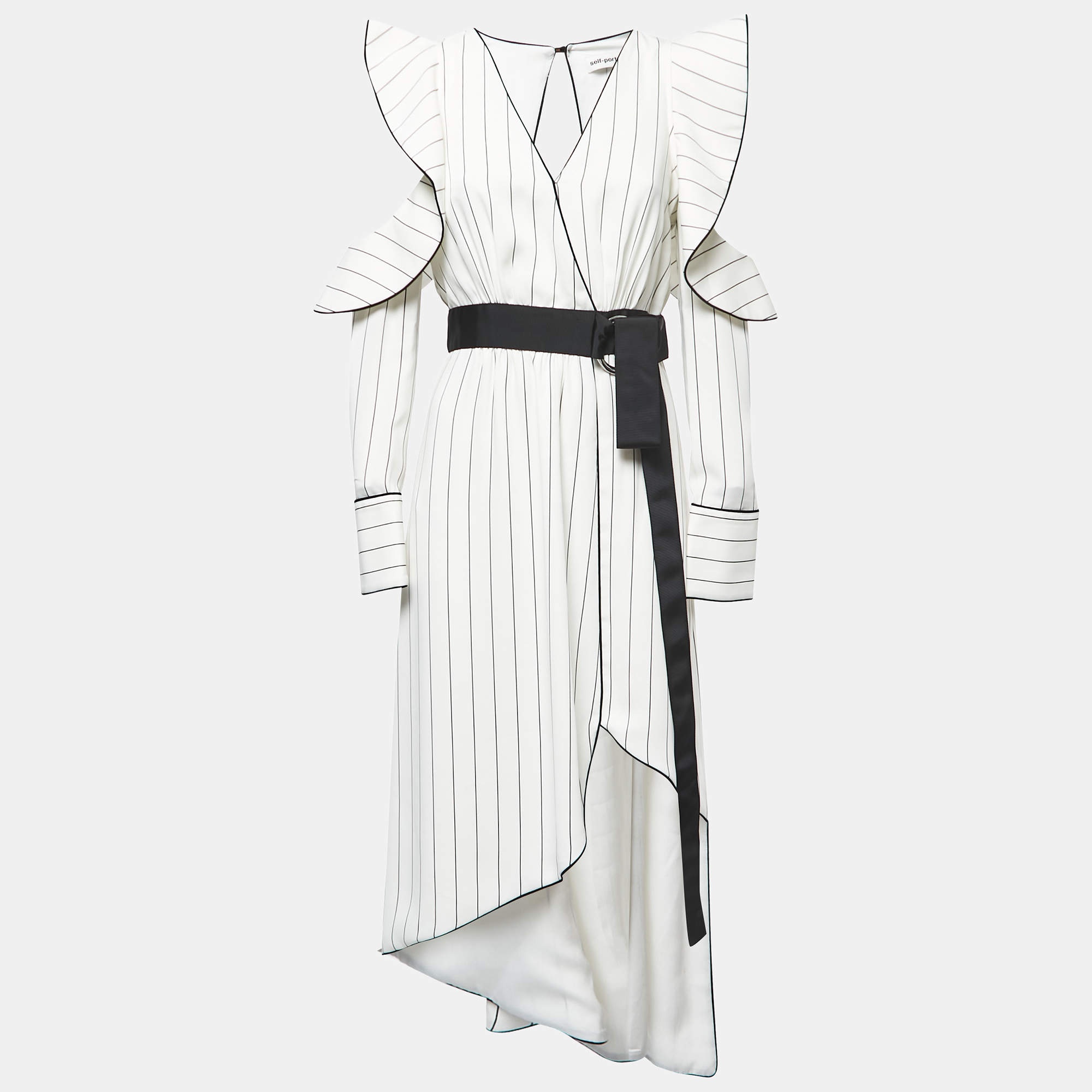 Self-Portrait White Striped Crepe Belted Midi Dress M
