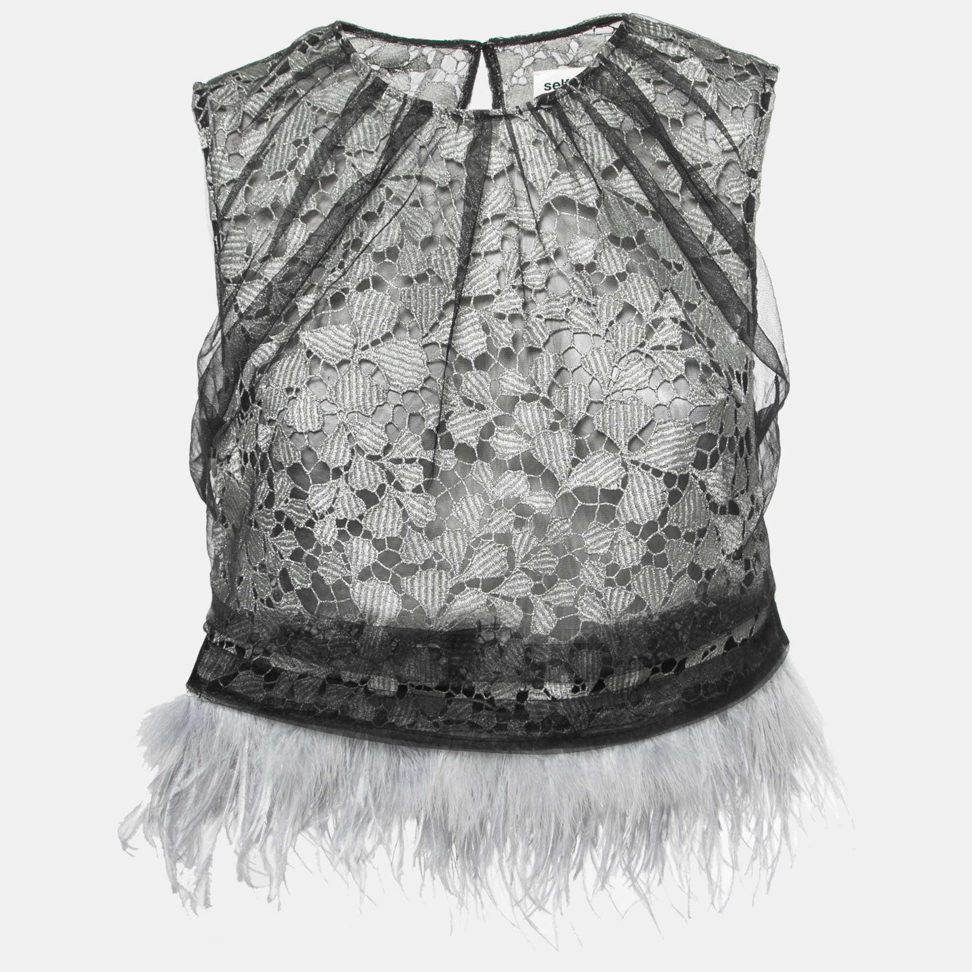 Self-Portrait Black Lace Tulle Overlay Feather Trim Top S
