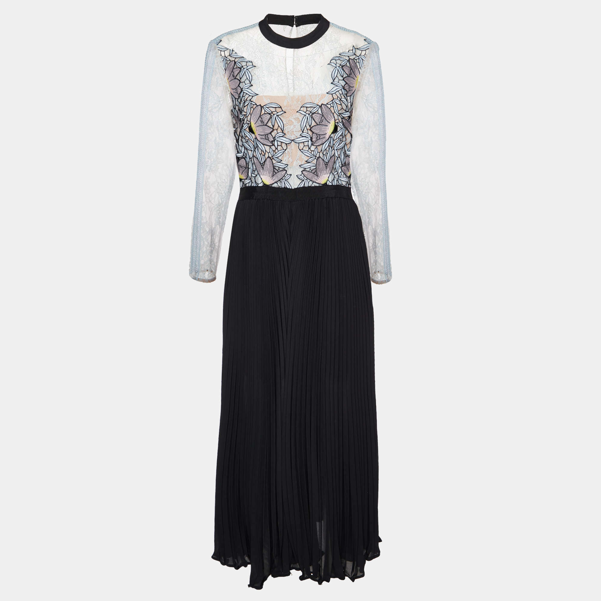 Pre Owned Self-Portrait Blue Lace & Black Pleated Crepe Applique Detail Moni Maxi Dress L