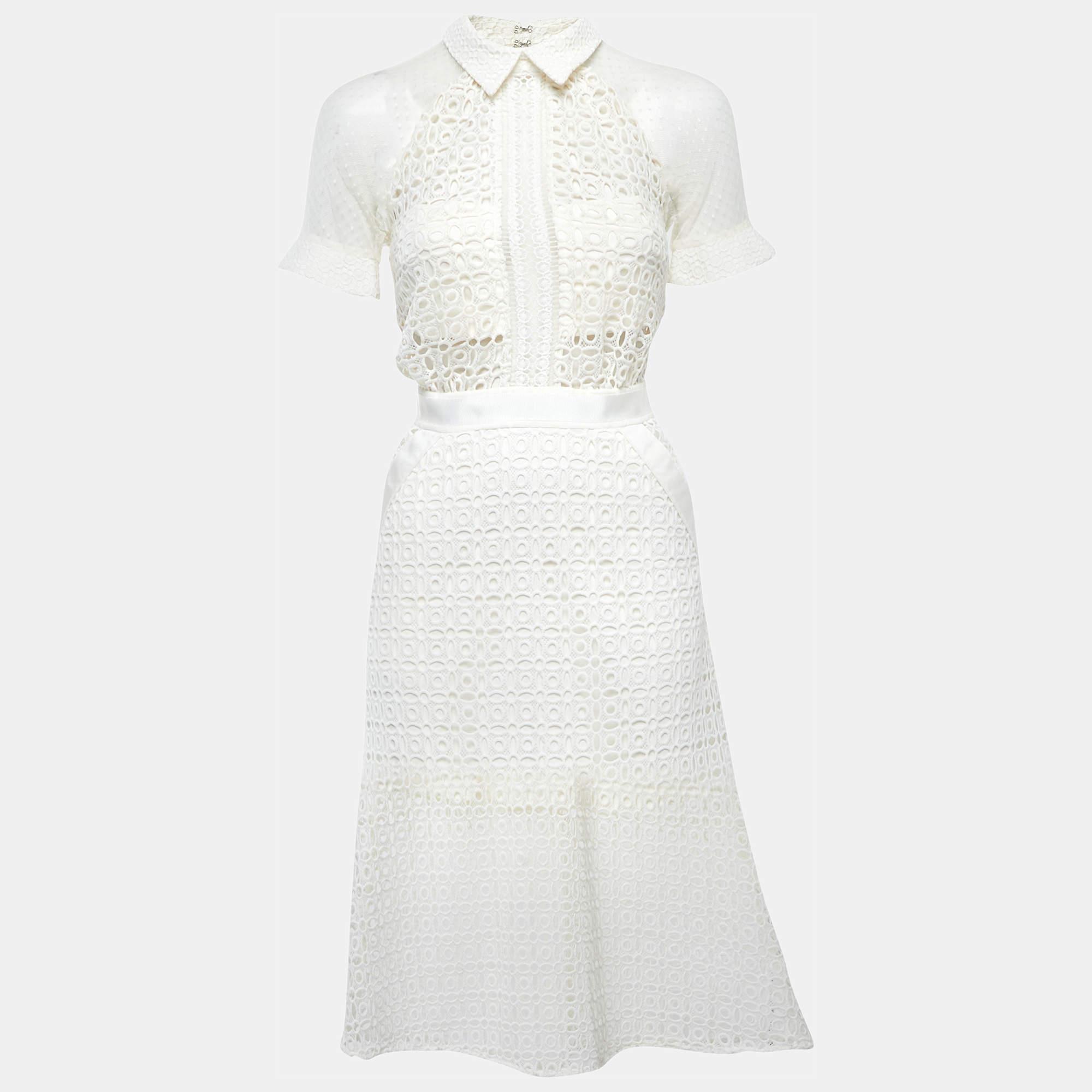 Pre Owned Self-Portrait Off White Guipure Lace Flared Midi Dress S