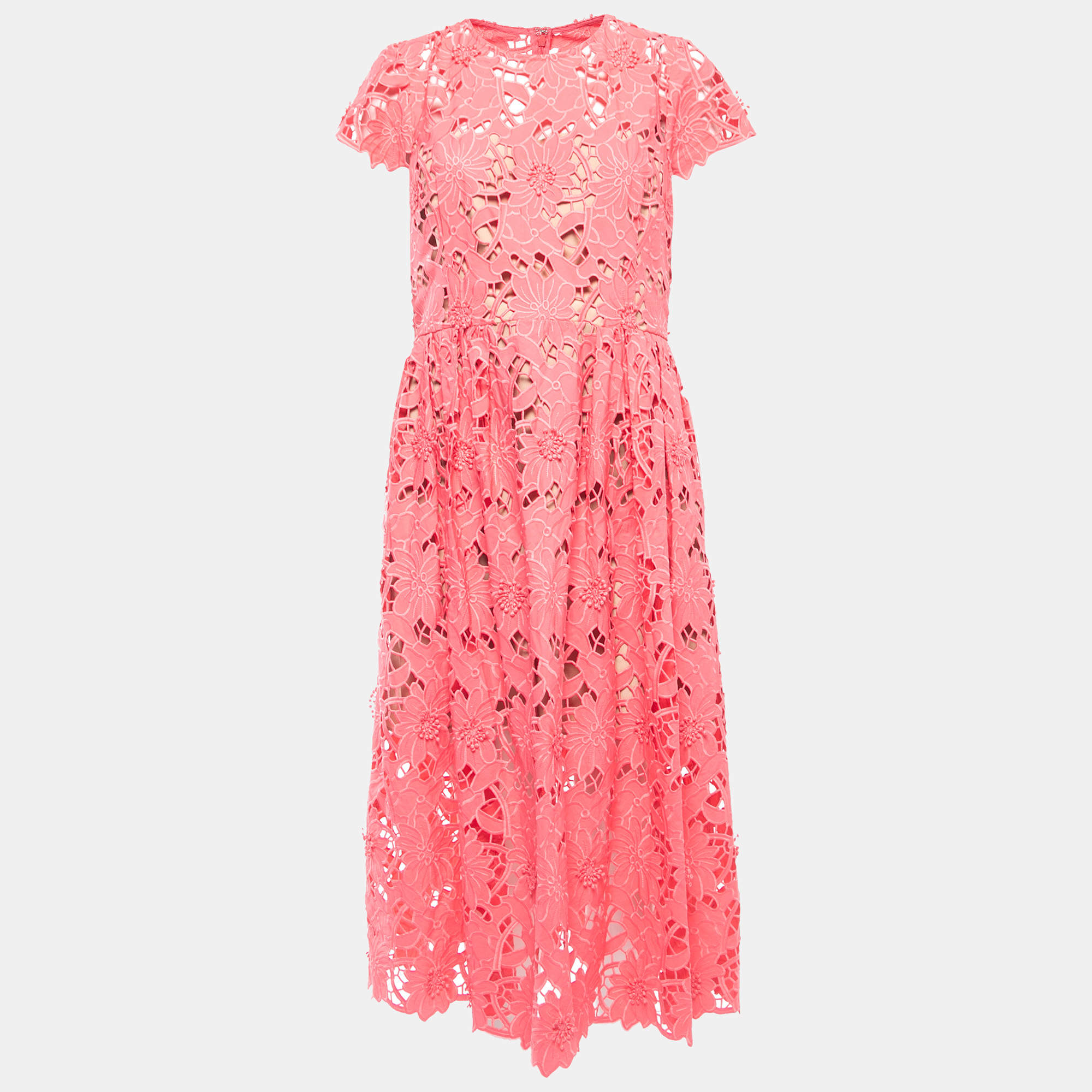 Pre Owned Self-Portrait Pink Floral Guipure Lace Midi Dress L