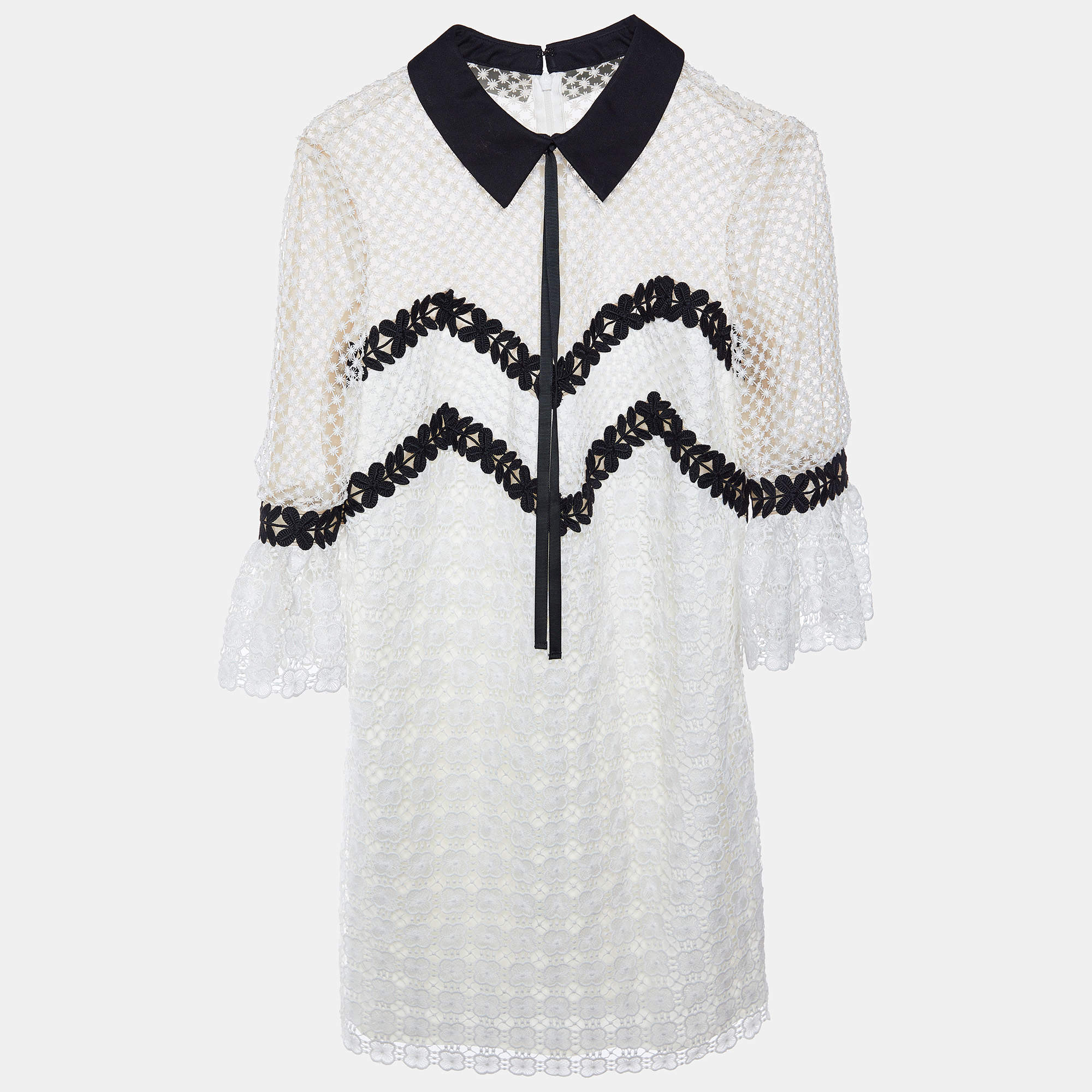 Pre Owned Self-Portrait White Lace Contrast Detail Mini Dress S